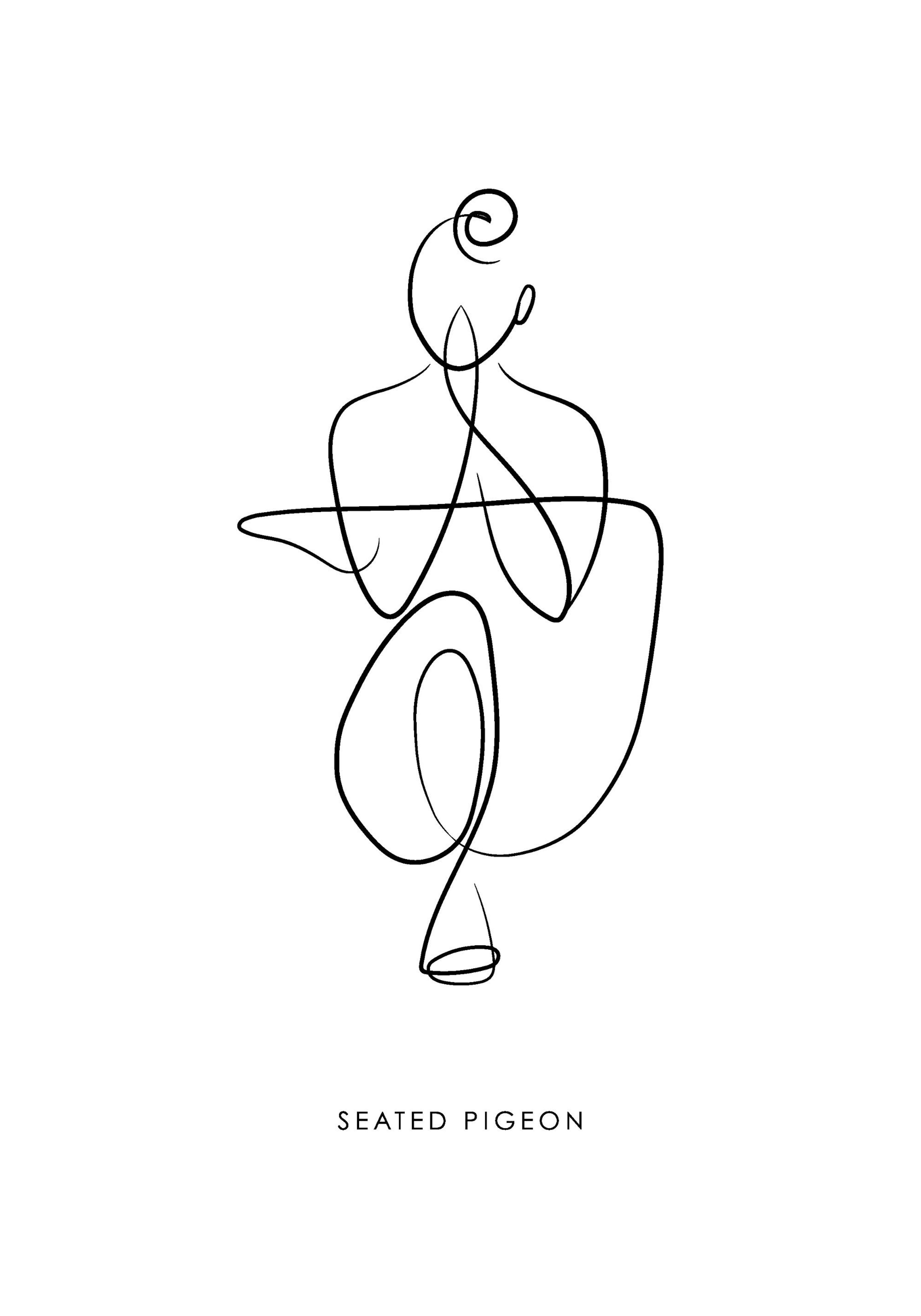 Minimalistyczny plakat joga z czarną liniową ilustracją kobiety w pozycji siedzącego gołębia na białym tle.