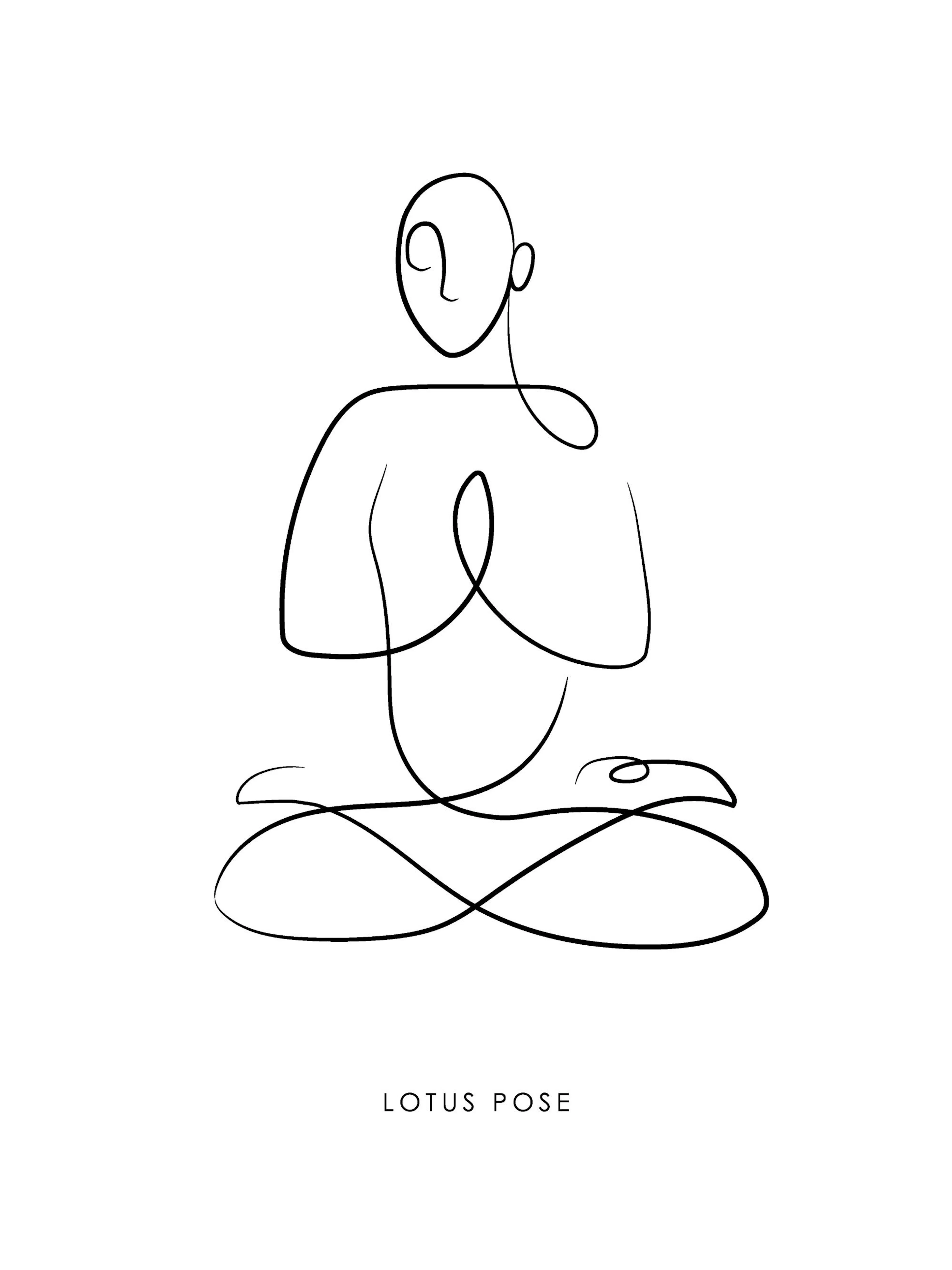 Black line art illustration of a person in a Lotus yoga pose on a white background, minimal style.