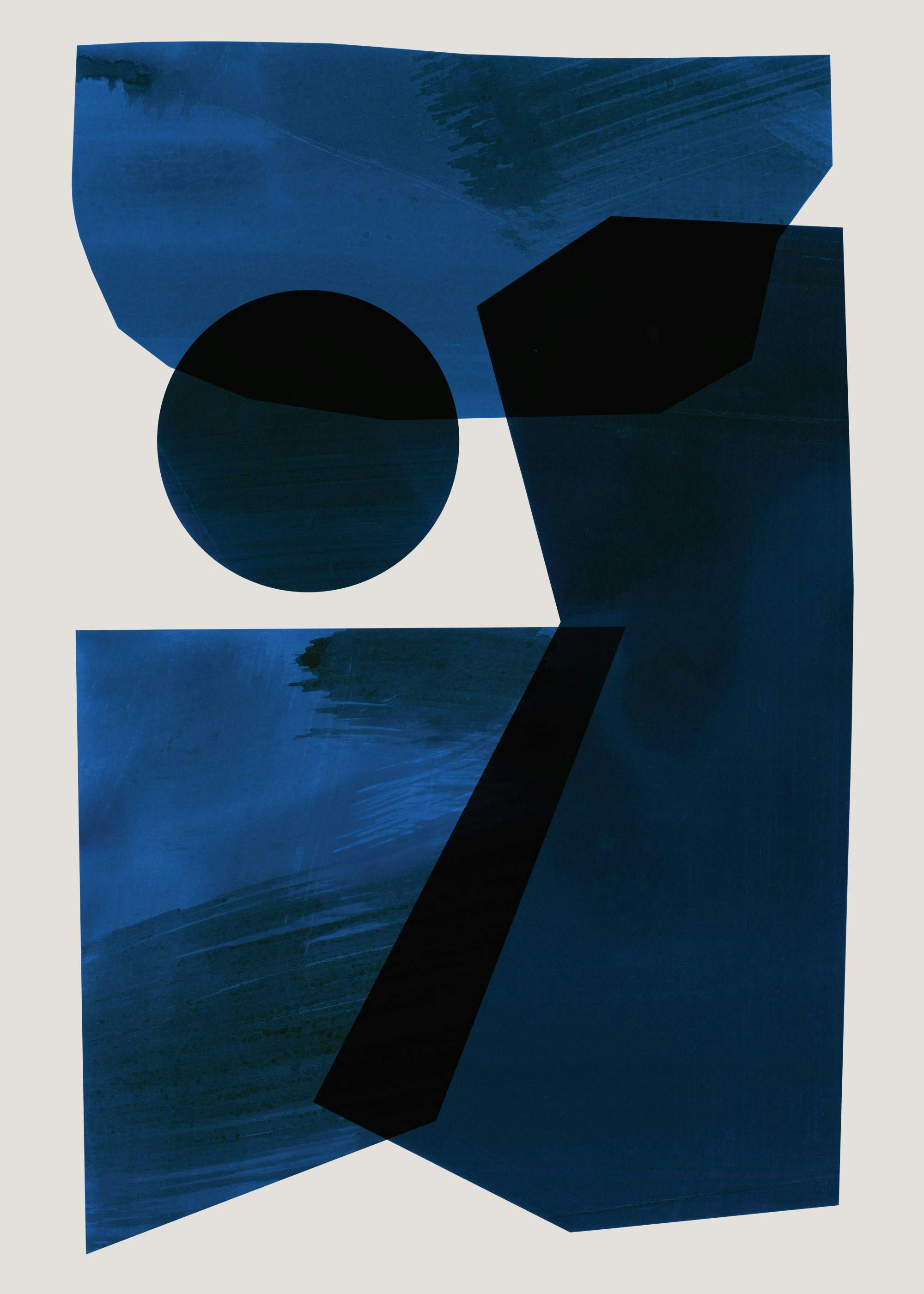 Blue Shapes No2 poster: abstract illustration with dark blue shapes and a circle on a light beige background.