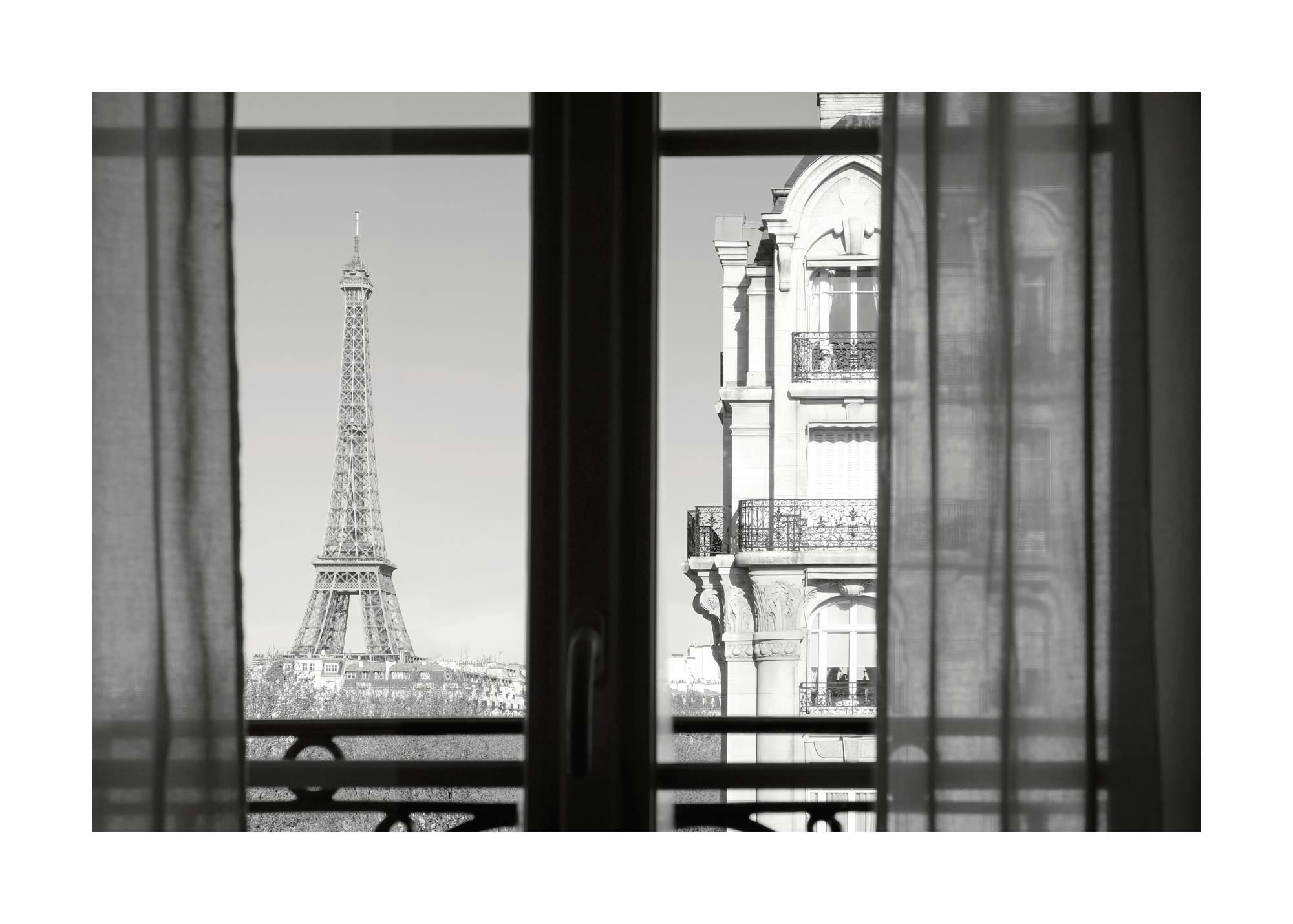 Black and white print of Eiffel Tower and building seen from a window, a Parisian view poster