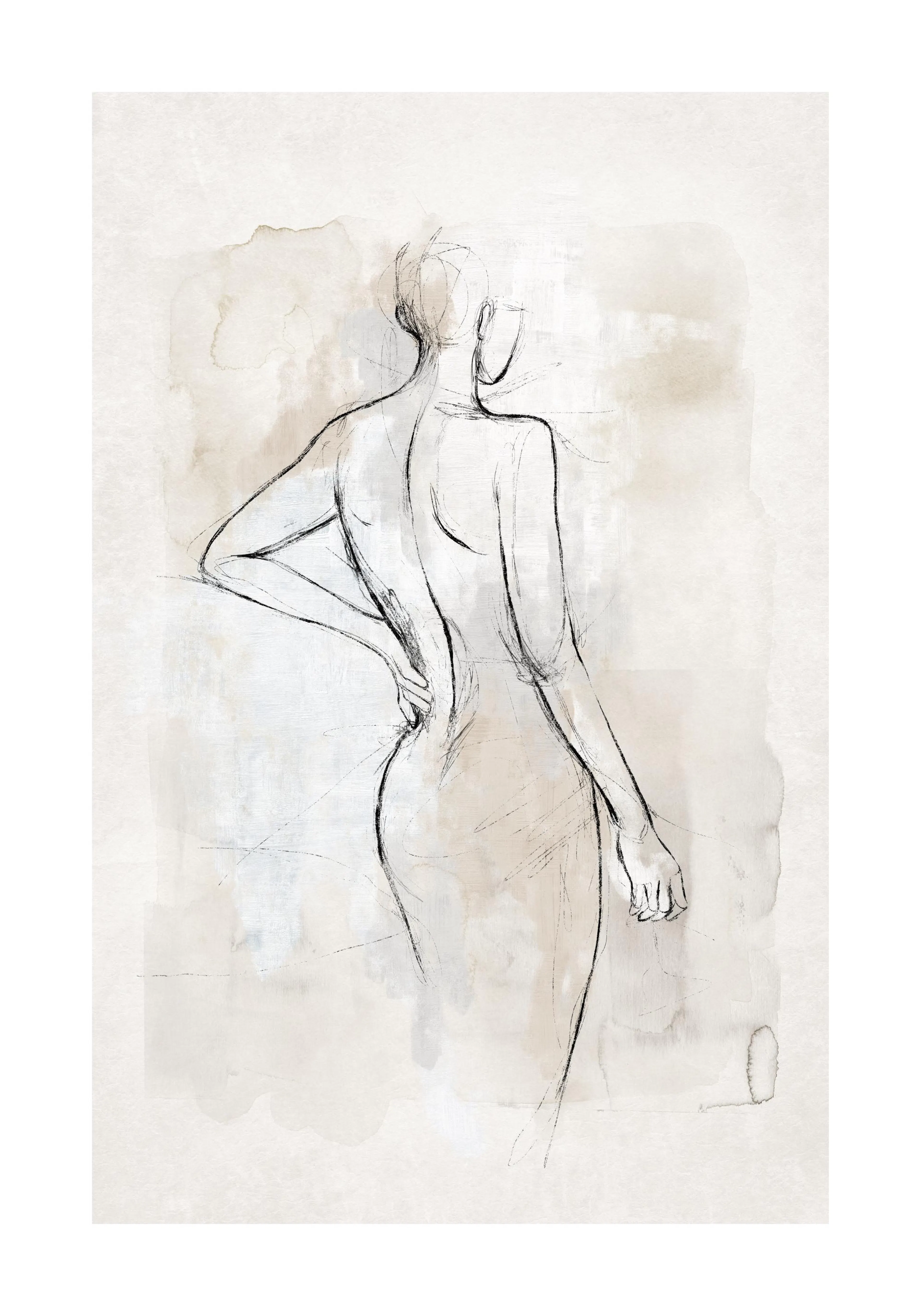 Bosquejo de cuerpo femenino de espalda con líneas negras sobre acuarela beis y gris, arte abstracto de figura