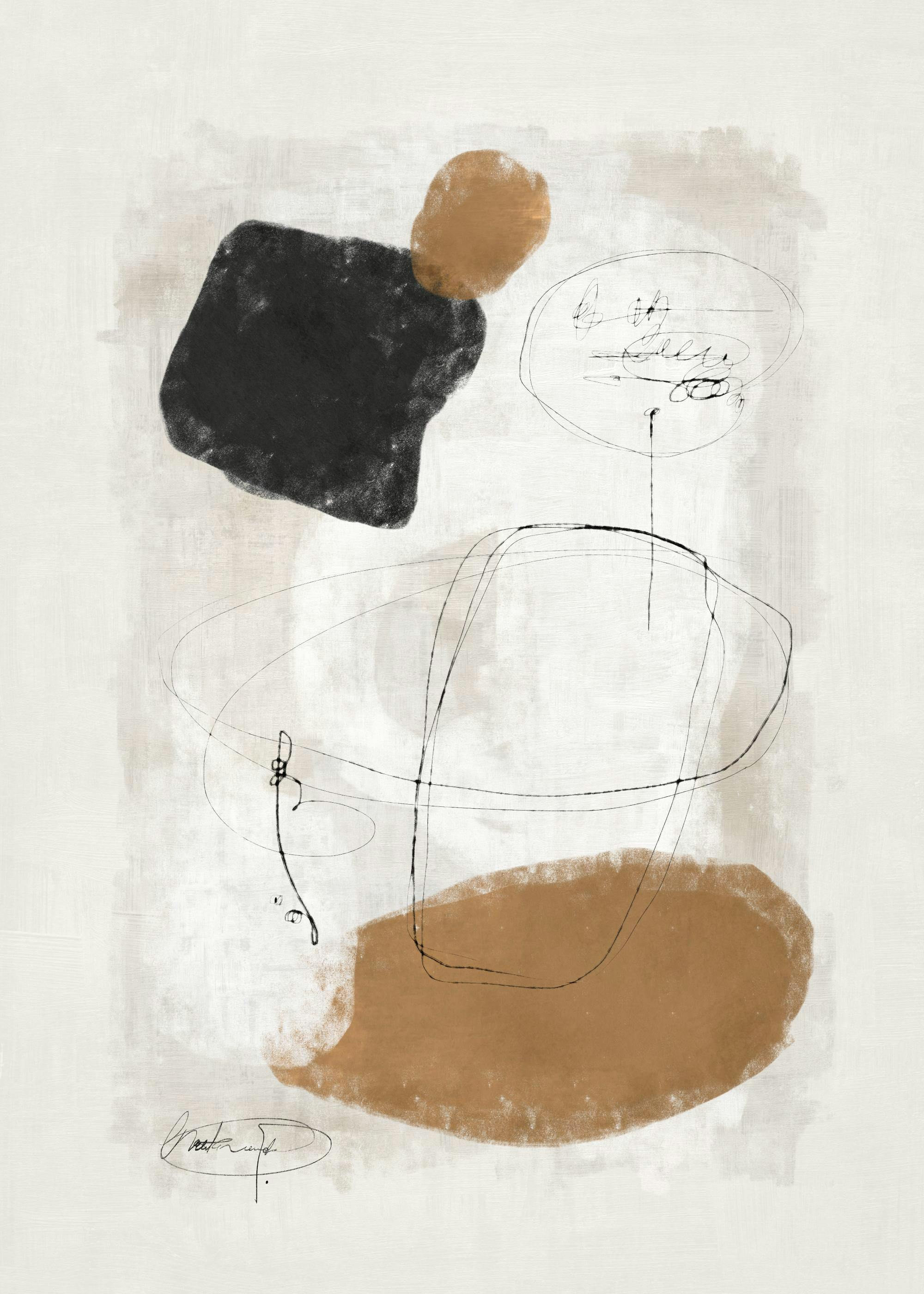 Αφηρημένη τέχνη με μαύρα και καφέ σχήματα, λεπτές μαύρες γραμμές σε μπεζ φόντο, μινιμαλιστικό πόστερ.