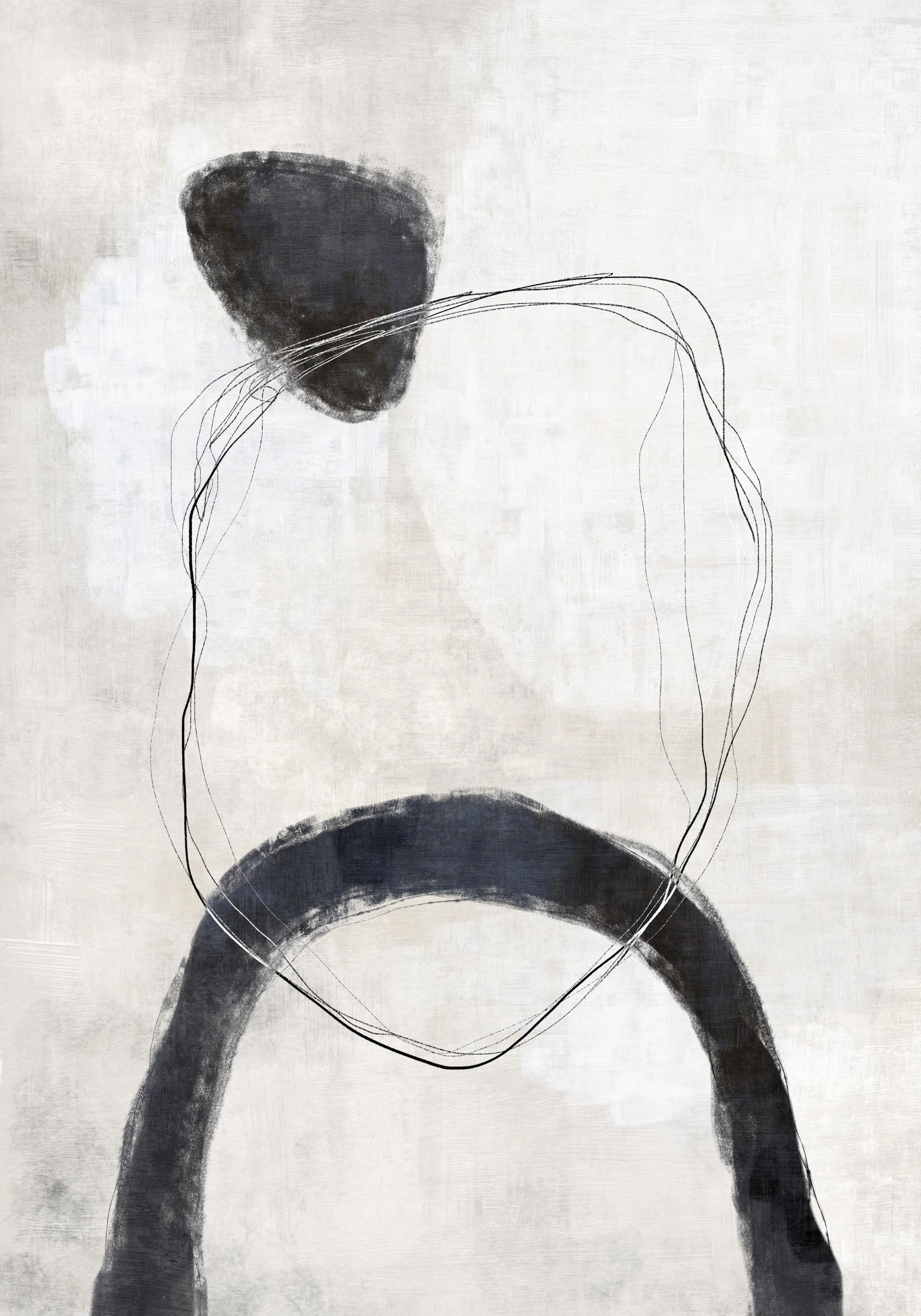 Abstract aquarel poster met donkergrijze vormen, lijnen en een boog op een beige achtergrond.