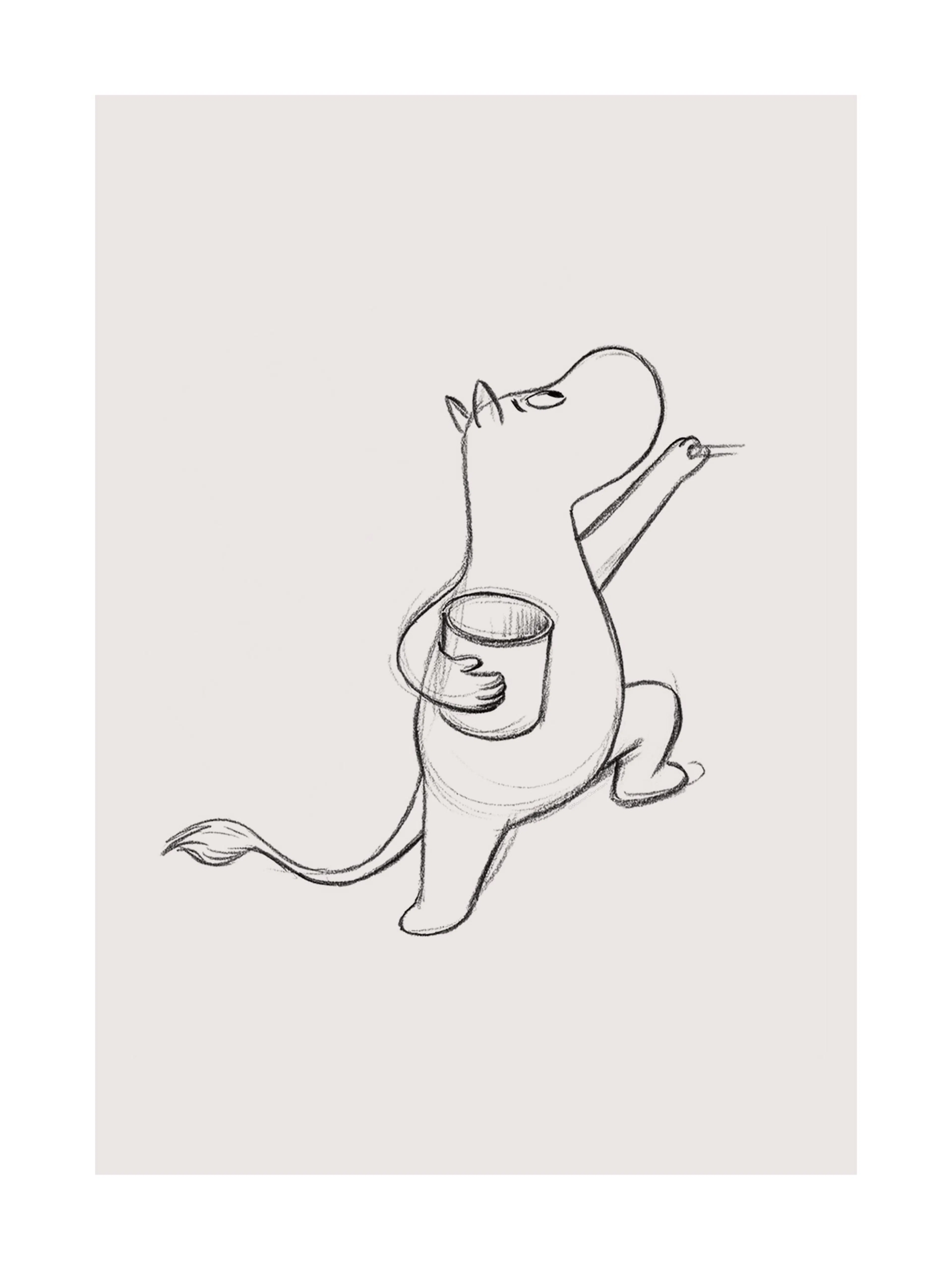 Bozzetto a matita di Moomintroll con barattolo, su sfondo beige chiaro, per poster da cameretta.