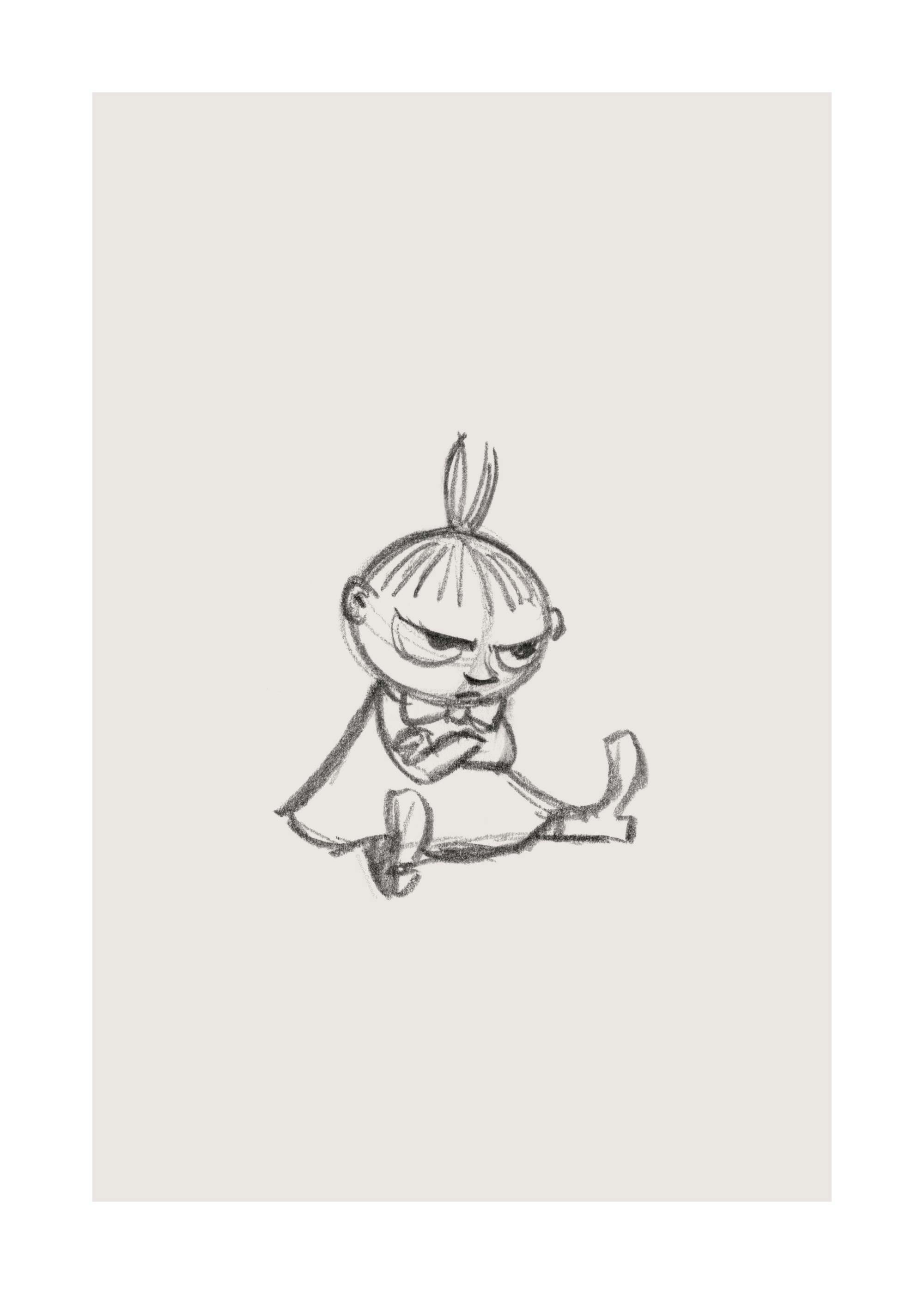 Affiche Little My, esquisse au graphite du personnage de la Vallée des Moomins assise, bras croisés et expression grincheuse