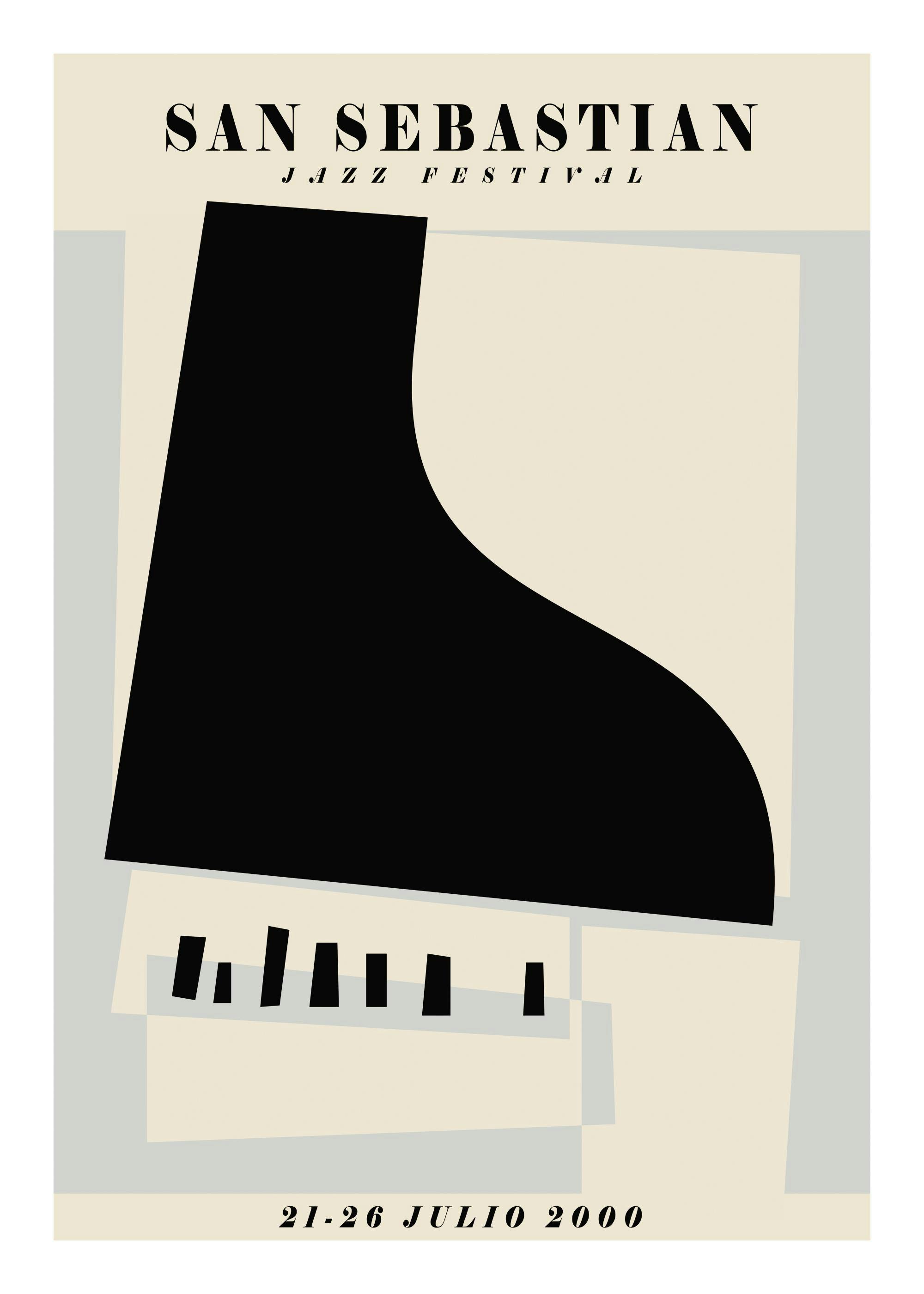 Grafisk San Sebastian Jazz Festival-poster med ett abstrakt piano i svart på beige och grå bakgrund.