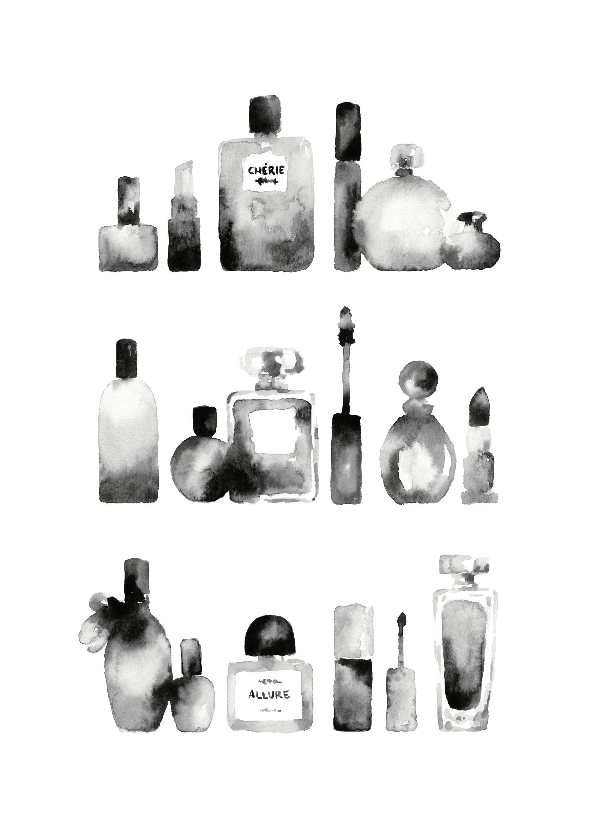 Affiche noir et blanc de flacons de parfum et de maquillage alignés en trois rangées, style aquarelle