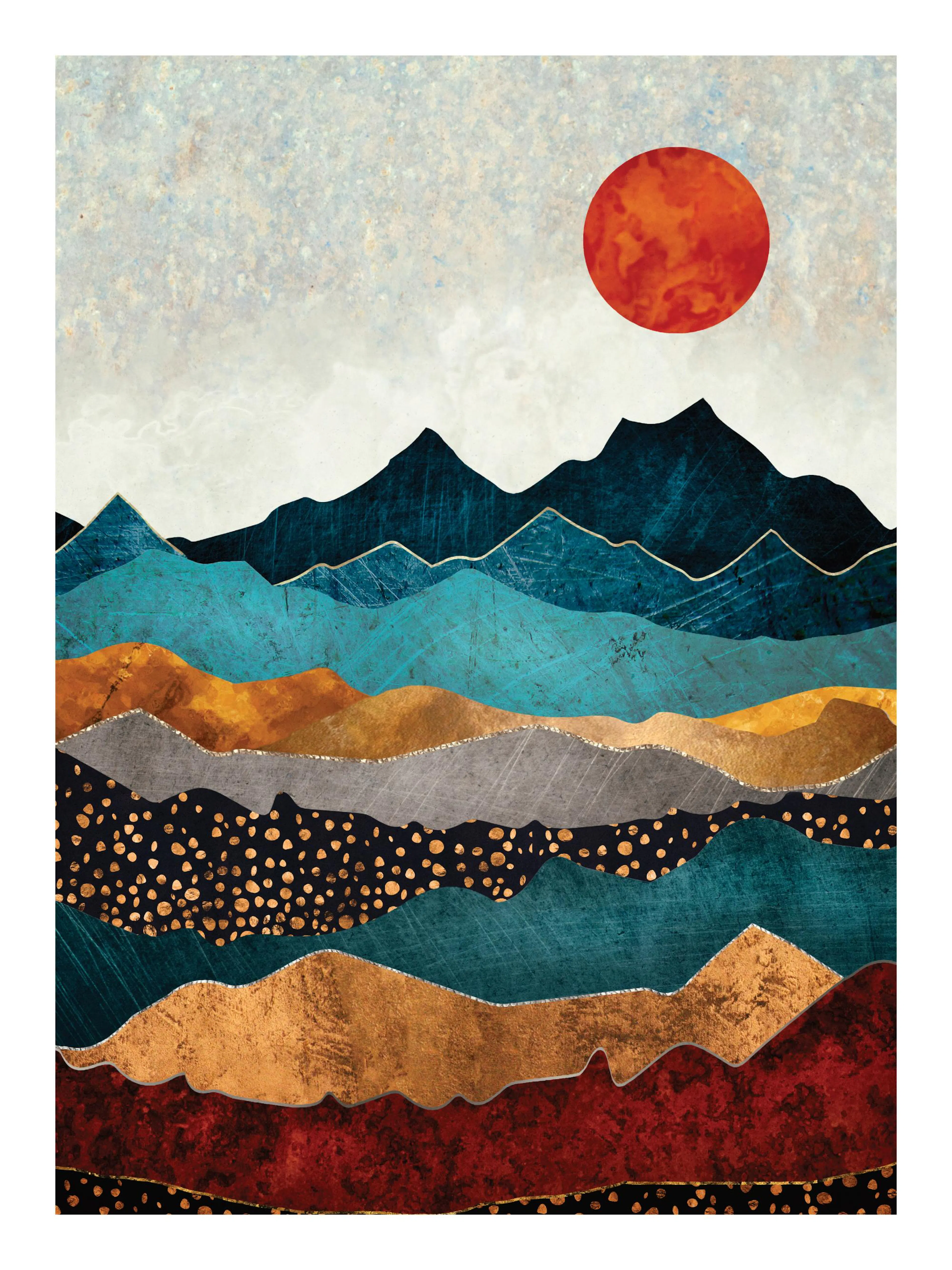 SpaceFrog Designs Amber Dusk Print, a graphical illustration of a colorful mountain landscape with a red sun.