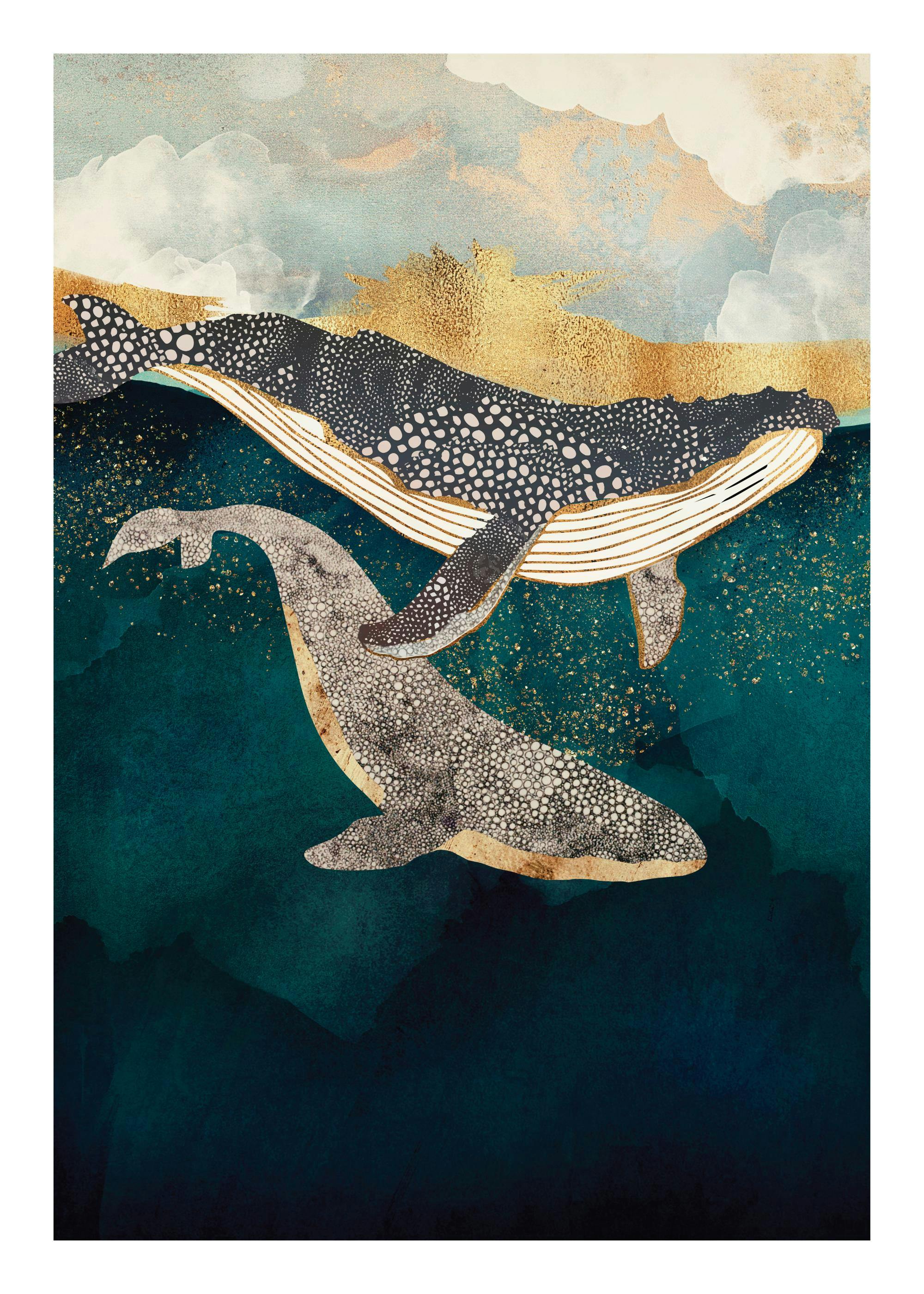 Graphical illustration of two patterned whales swimming in blue ocean water, with a gold and white sky.