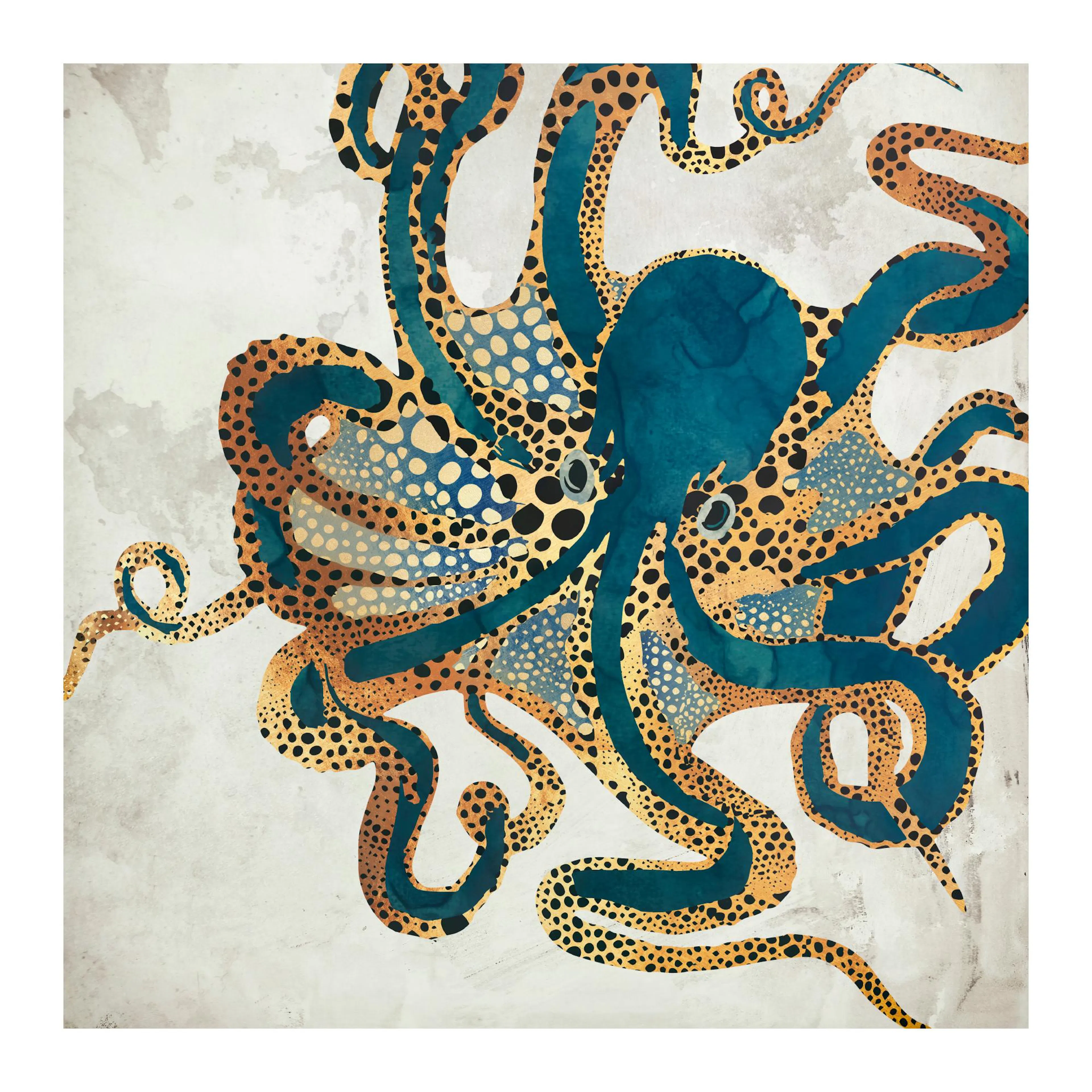 Graphical illustration of an orange and blue octopus with patterned tentacles on a beige background print.