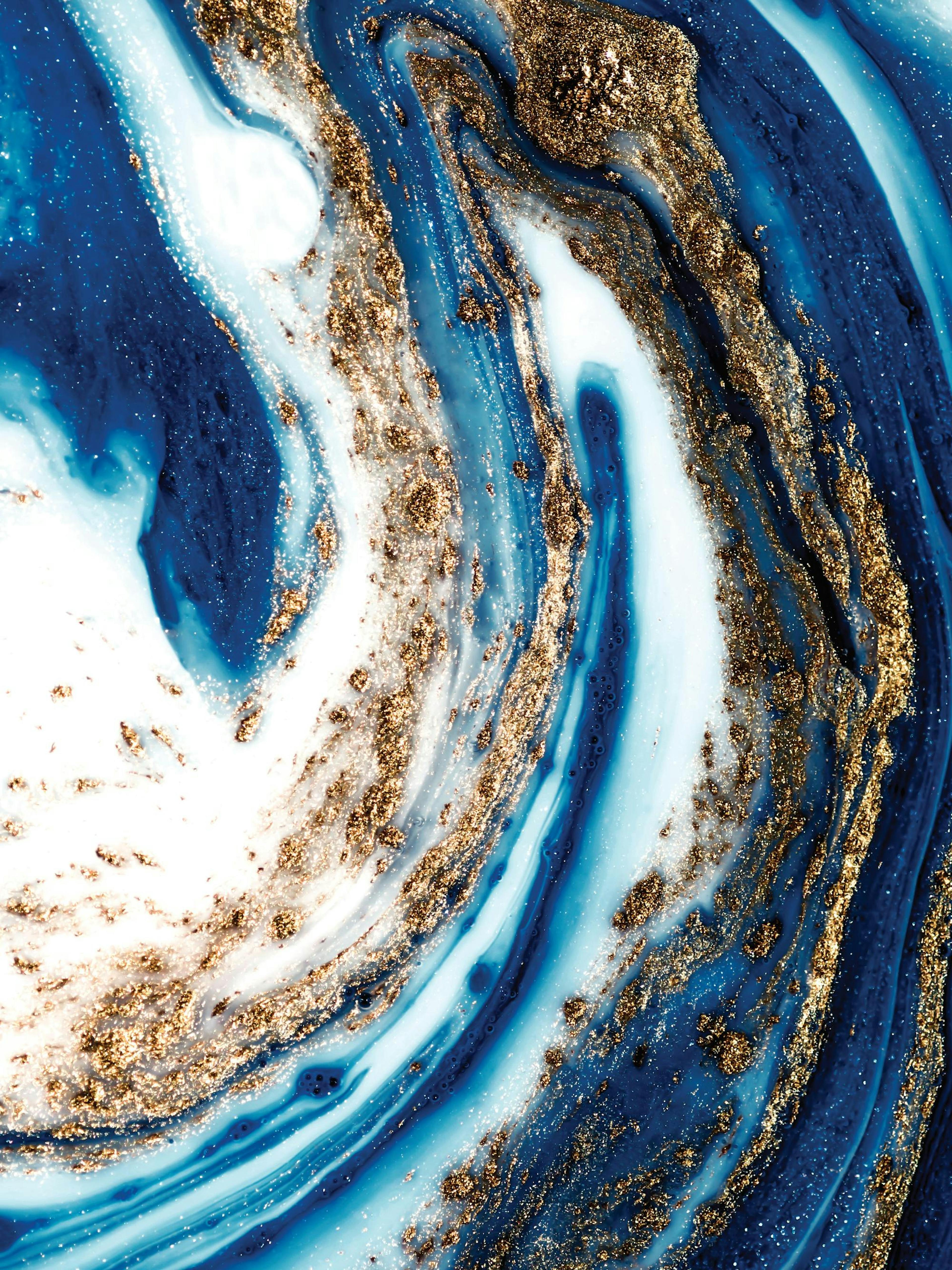 Blue and gold swirl abstract oil painting print with white accents, a striking poster for wall decor.