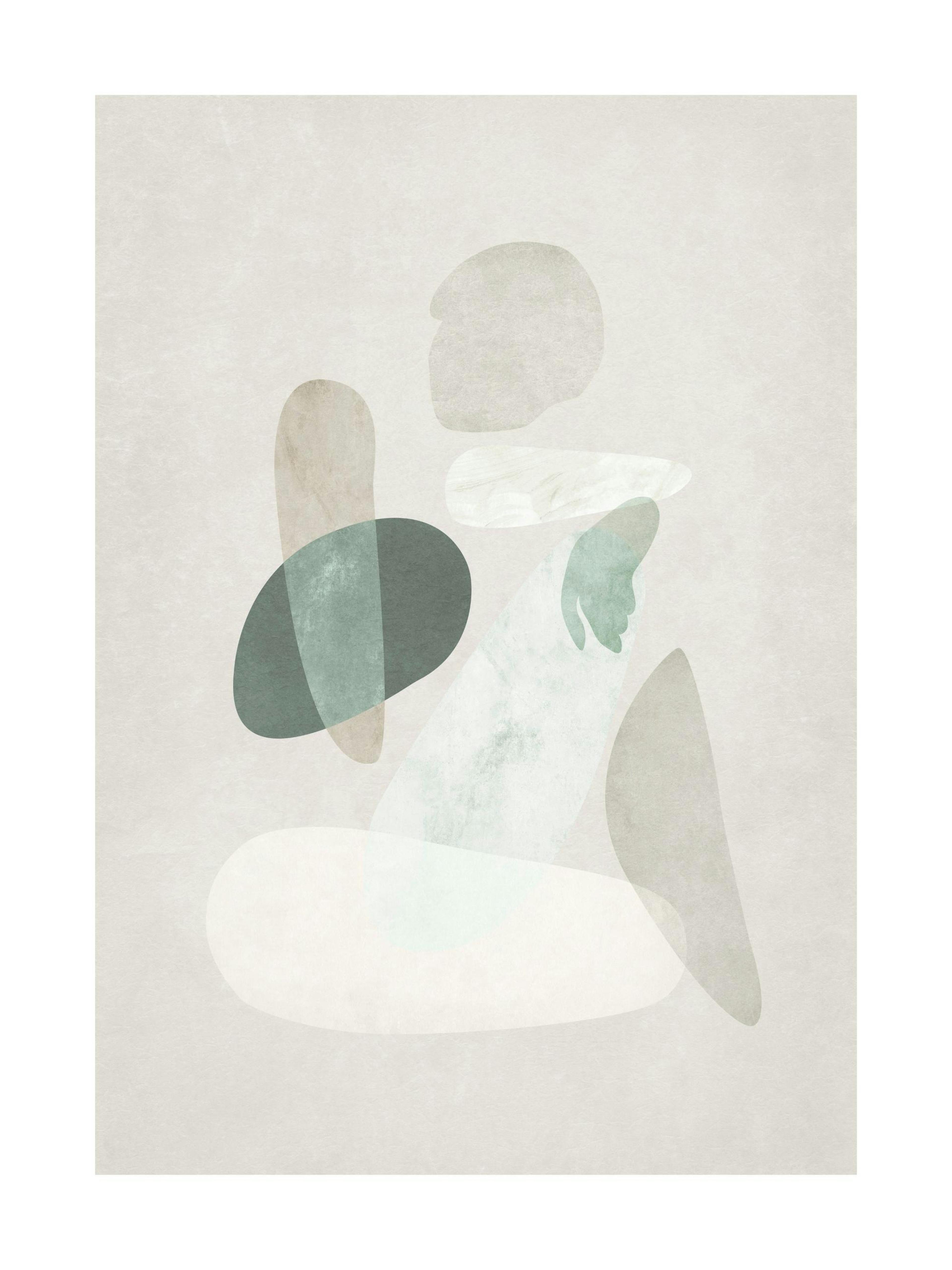 Akvarell av abstrakta former i grönt och beige som skapar en kropp mot en beige bakgrund.