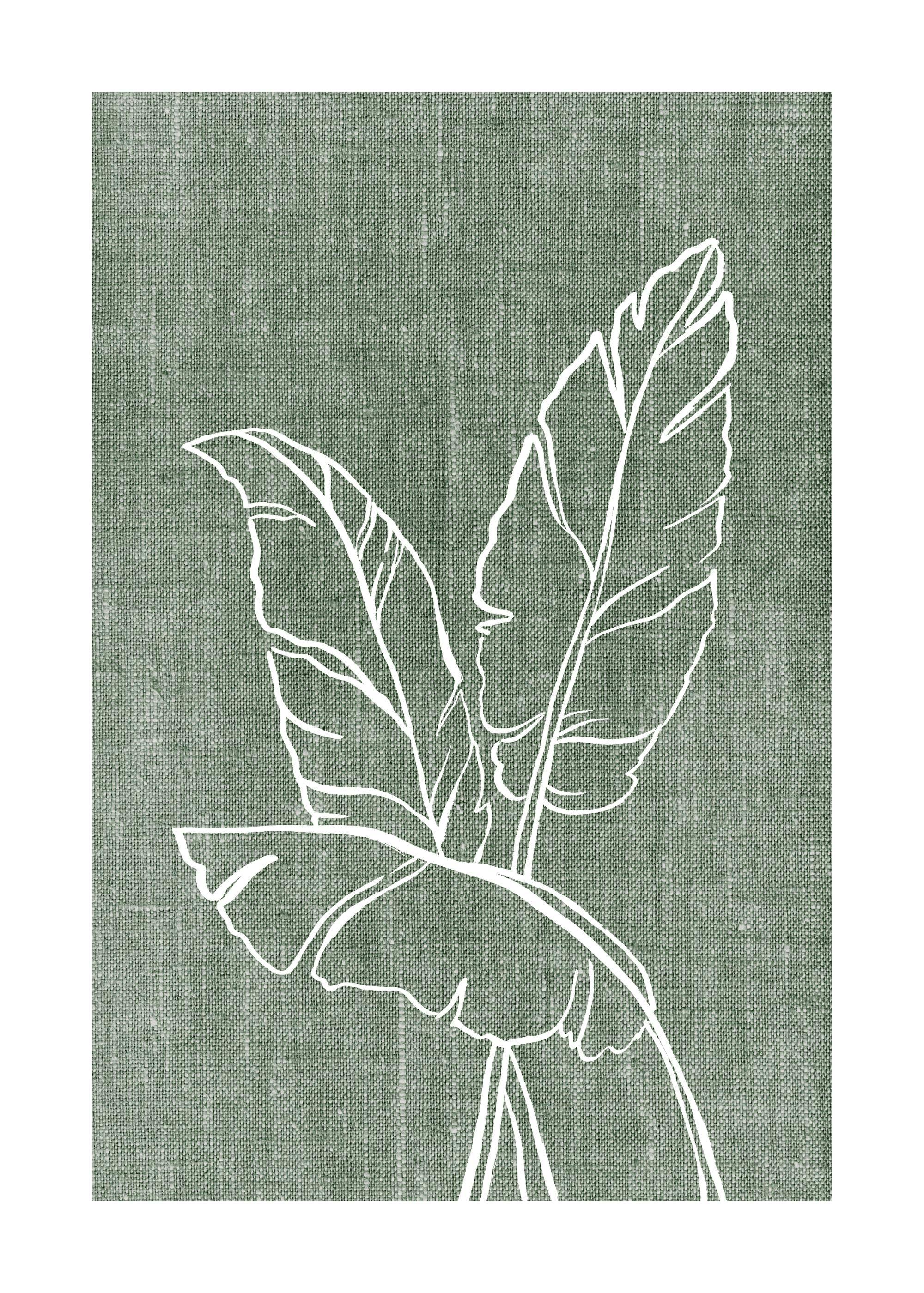 Print poster of white linen leaves on a green textured background, botanical art print.