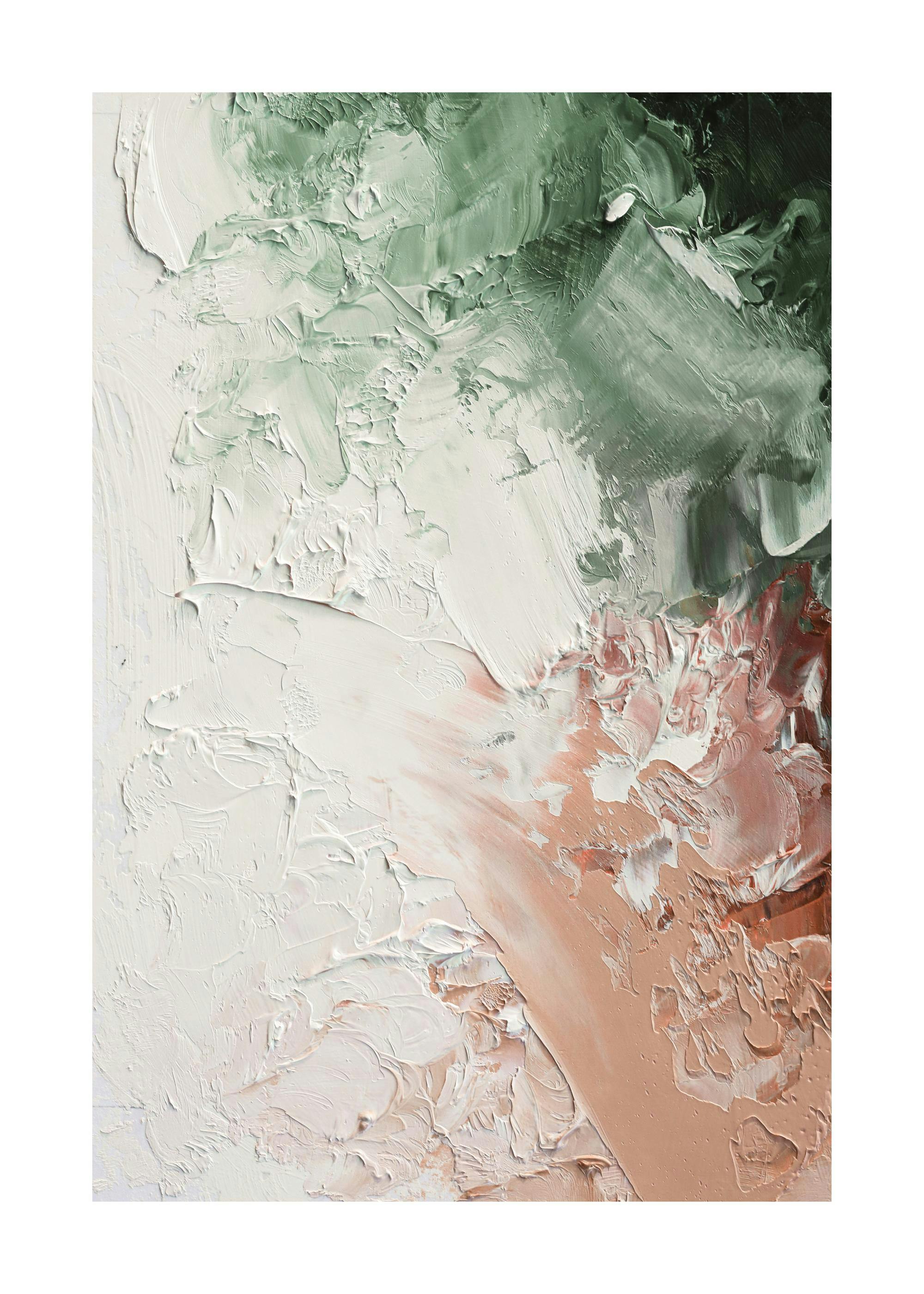 Öljyvärimaalaus, jossa paksuja vihreän, vaaleanpunaisen ja valkoisen sävyjä.