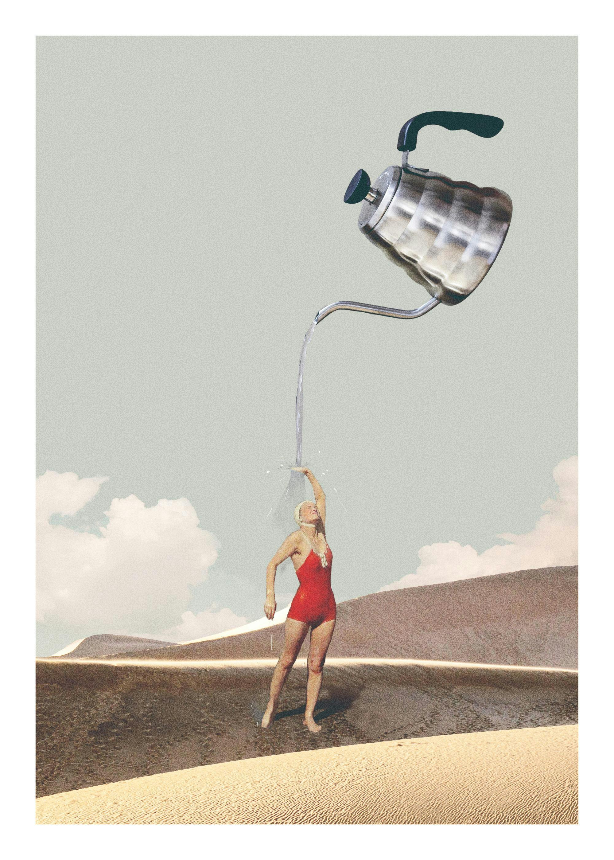 Vintage photo art of a woman in red swimsuit showering under a kettle in sand dunes, retro print.