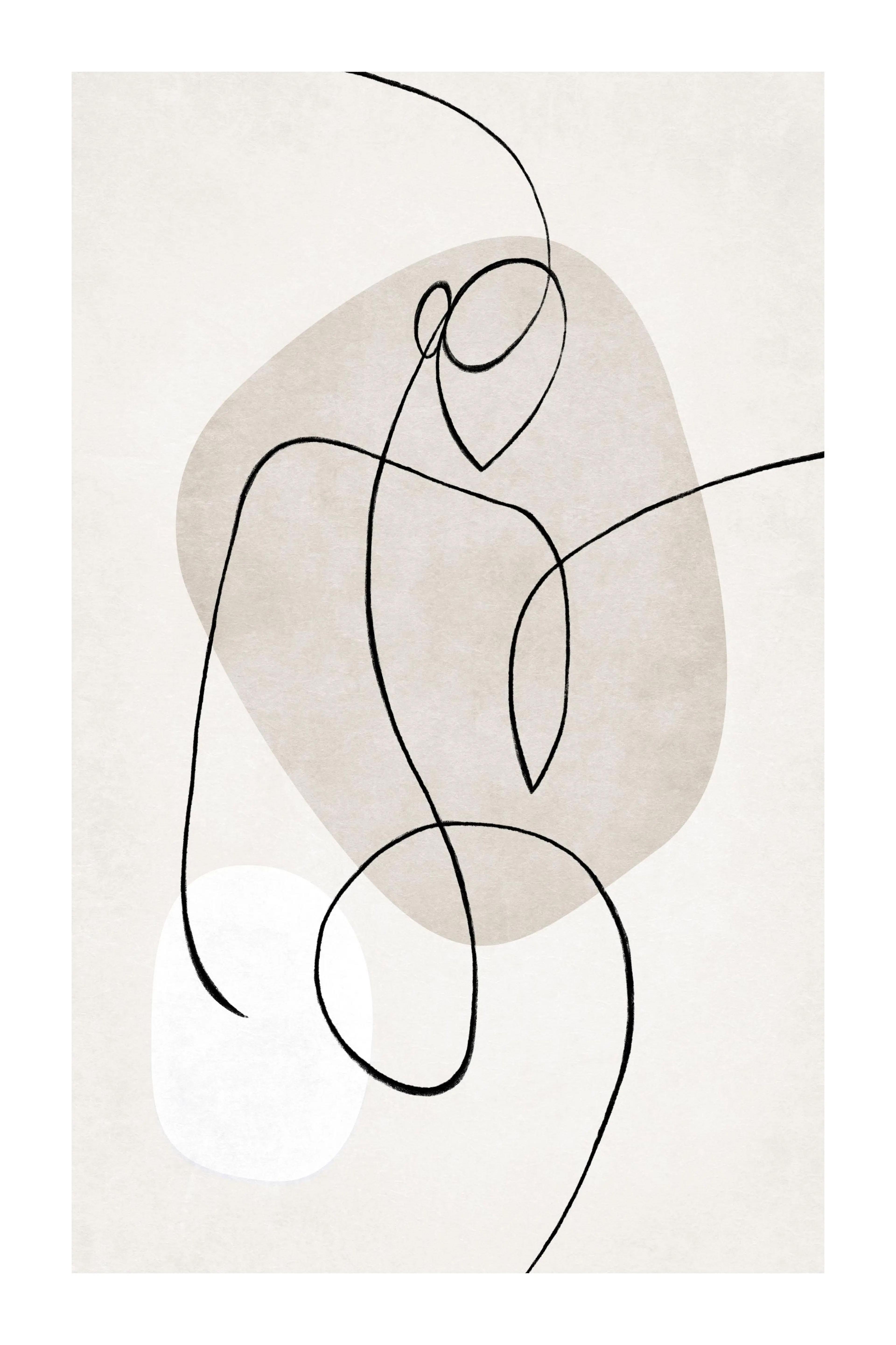 Abstracte lijnkunst van een figuur met zwarte lijnen, beige en witte vormen op een lichte achtergrond. Moderne kunst poster.