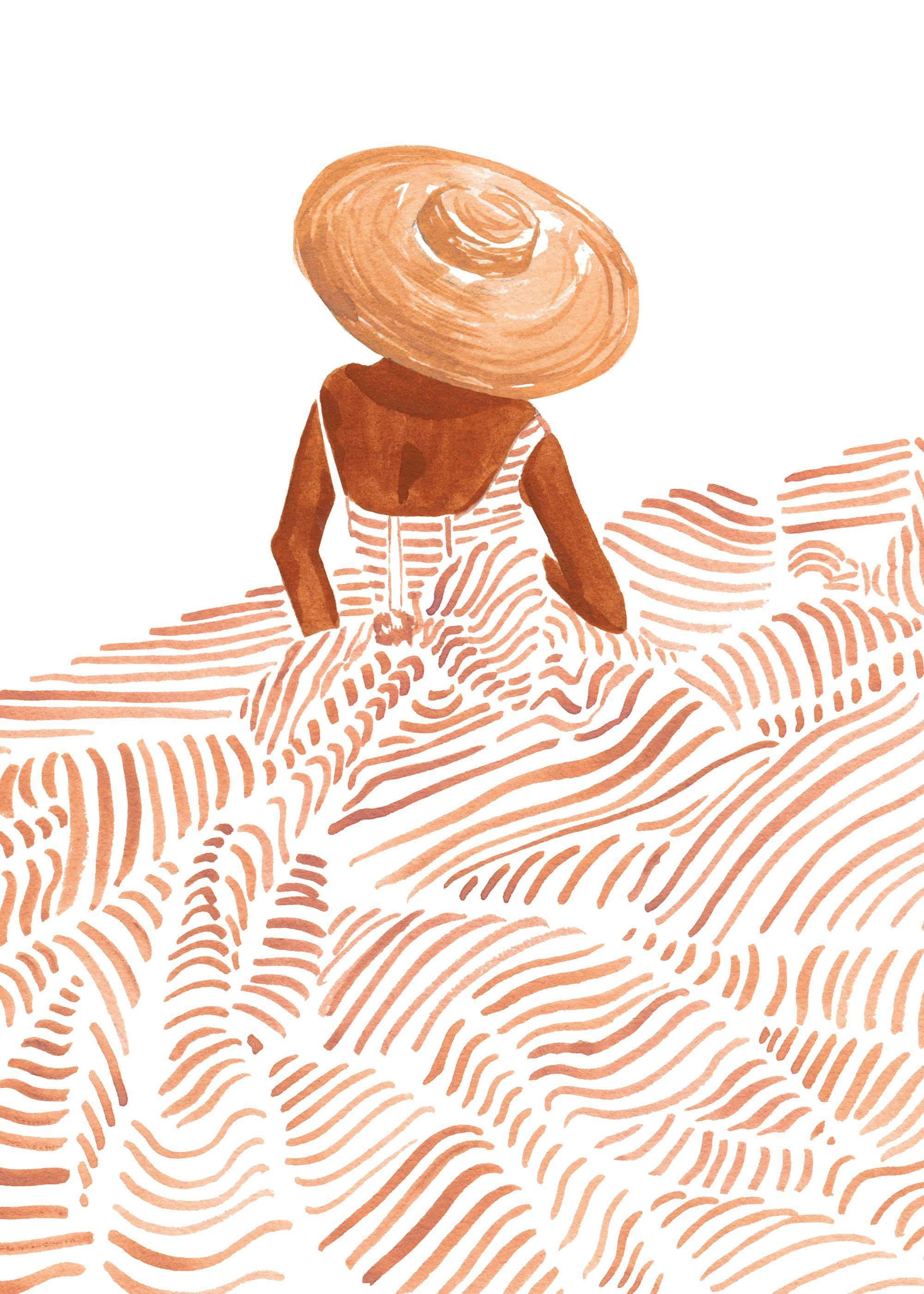 Akvarelová ilustrace ženy v oranžových šatech s pruhy a kloboukem, dívající se dopředu. Plakát Madame Fleur.