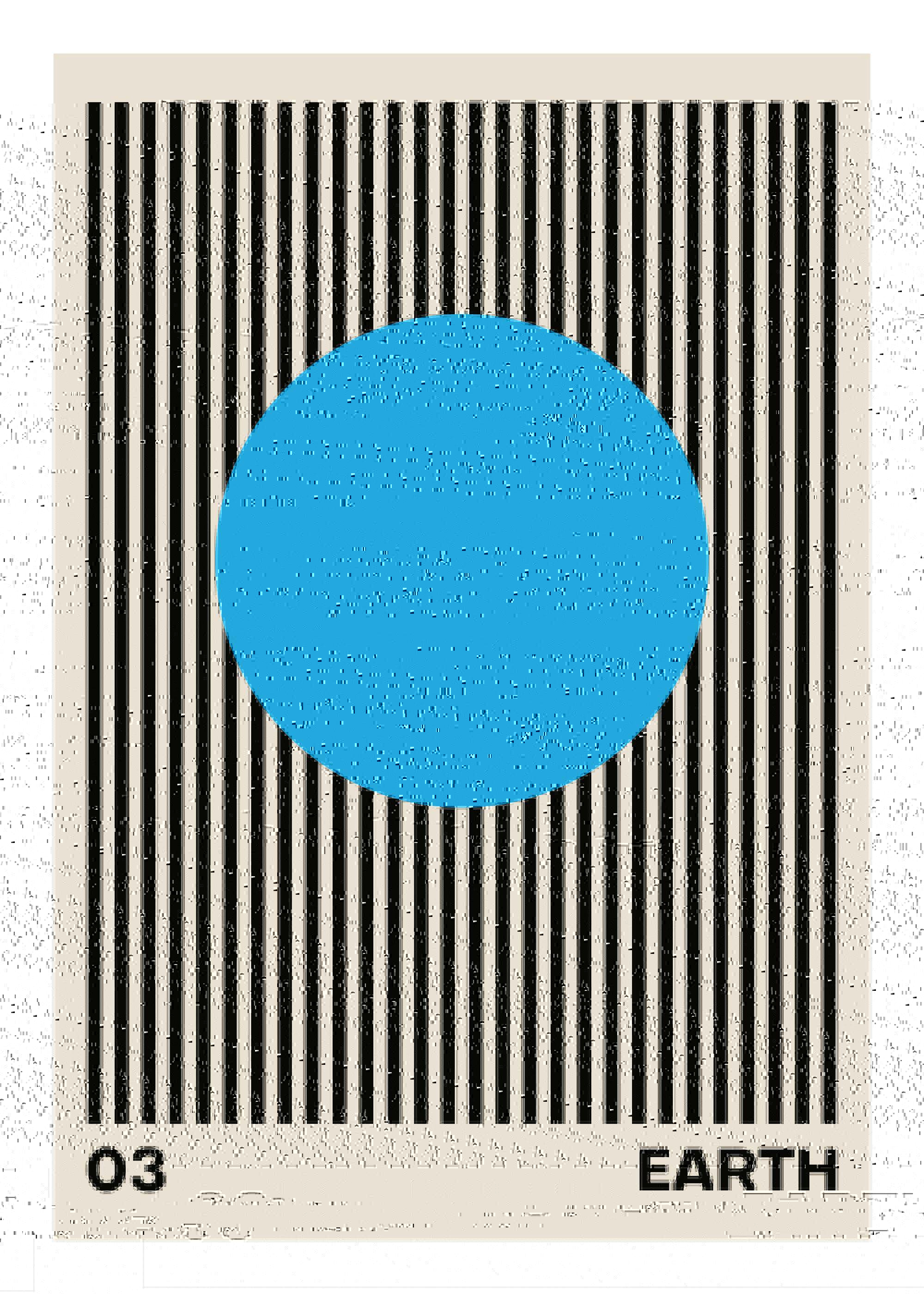Affiche Earth 03 avec cercle bleu et rayures noires sur fond beige, typographie 03 et EARTH