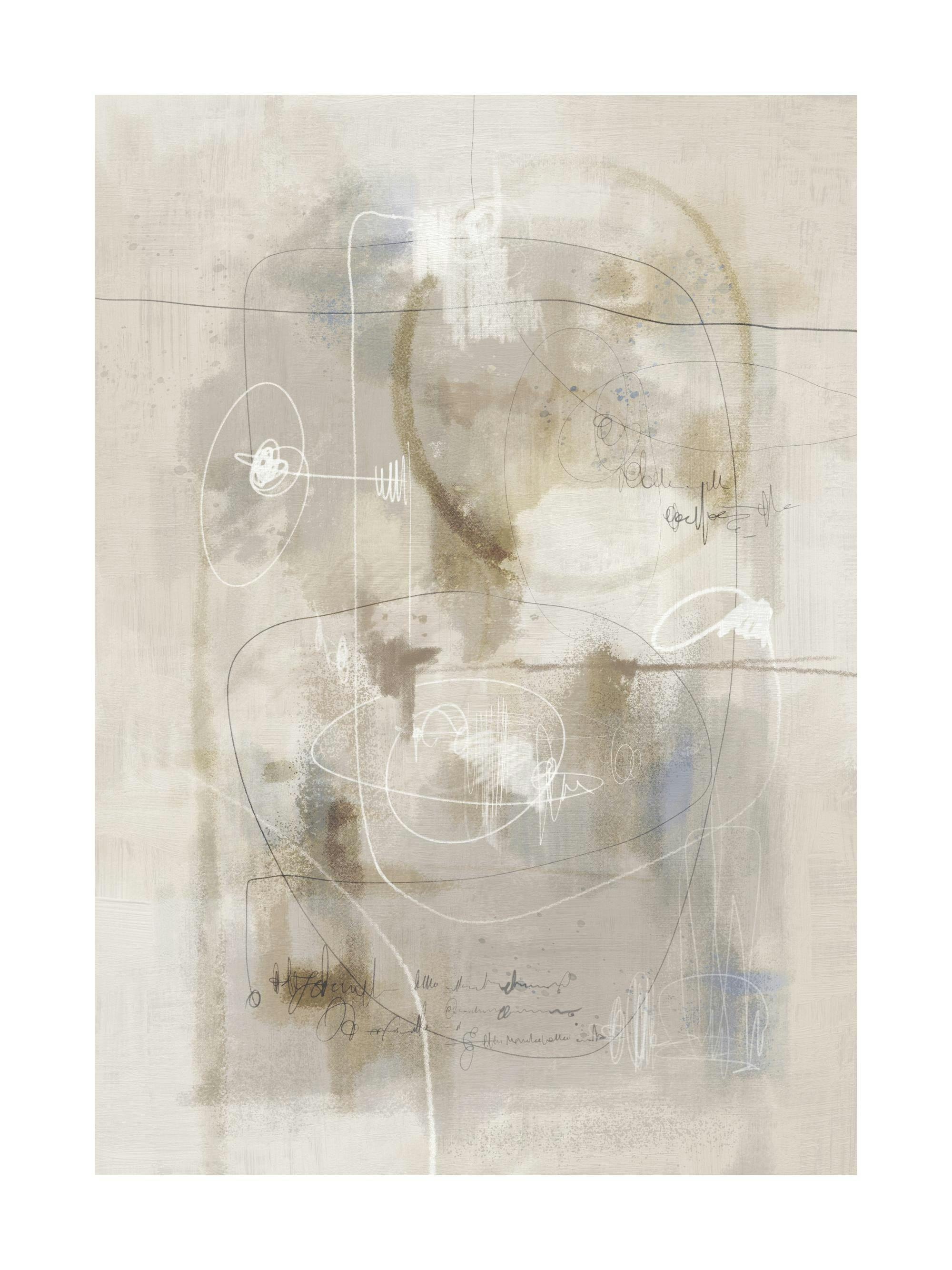 Abstrakcyjny plakat z beżowymi i szarymi pociągnięciami pędzla, czarnymi i białymi liniami, niebieskimi akcentami i szarymi bazg