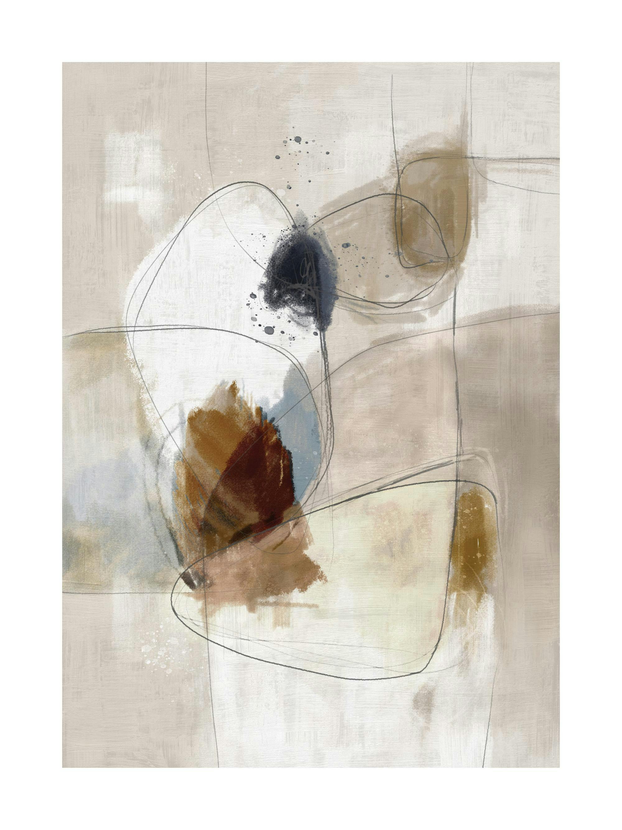 Affiche abstraite beige avec des formes texturées marron, bleues et des lignes fines pour un style artistique moderne