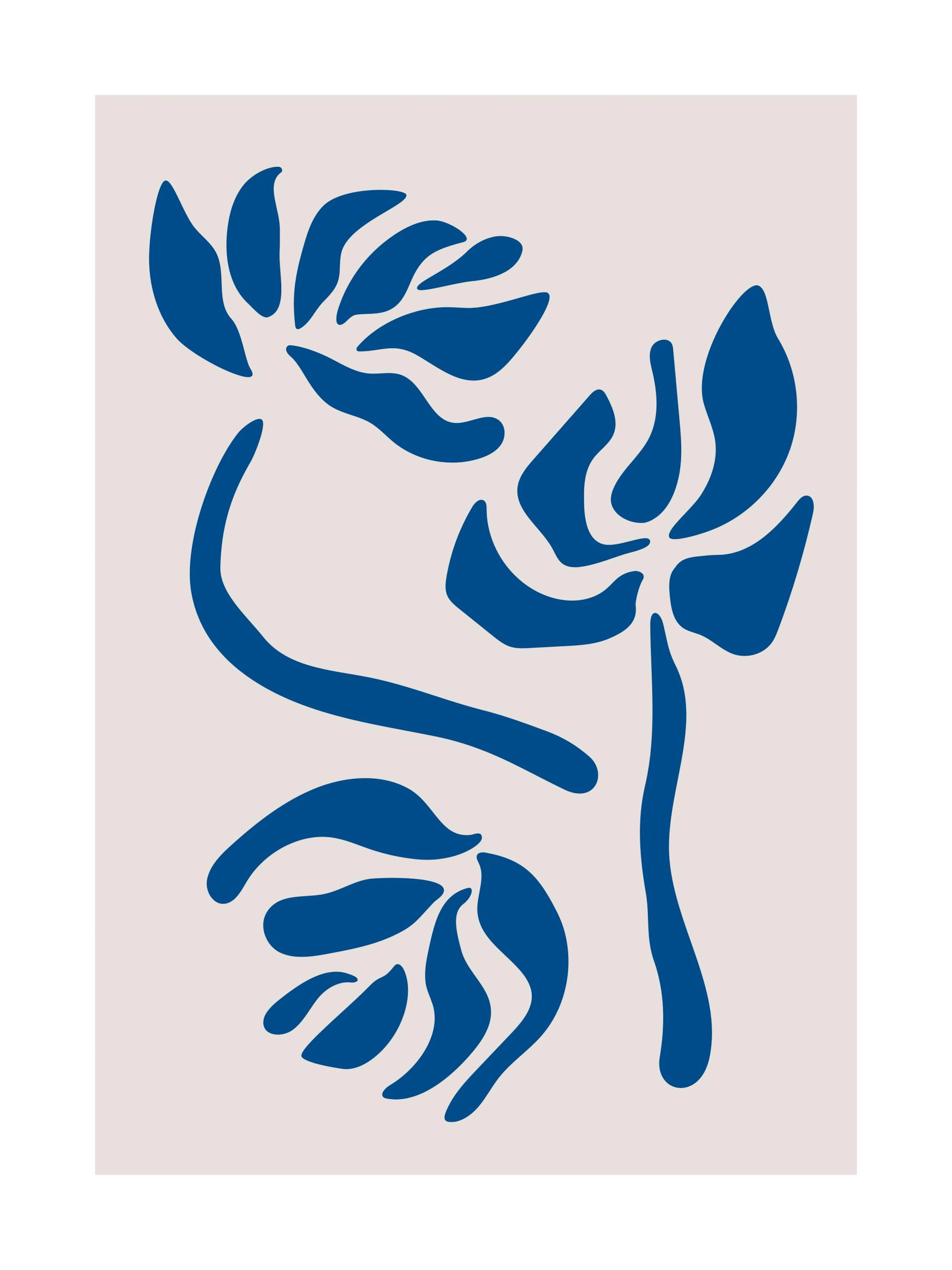 Blue graphic flower illustration on a light beige background, featuring three abstract floral shapes in dark blue.