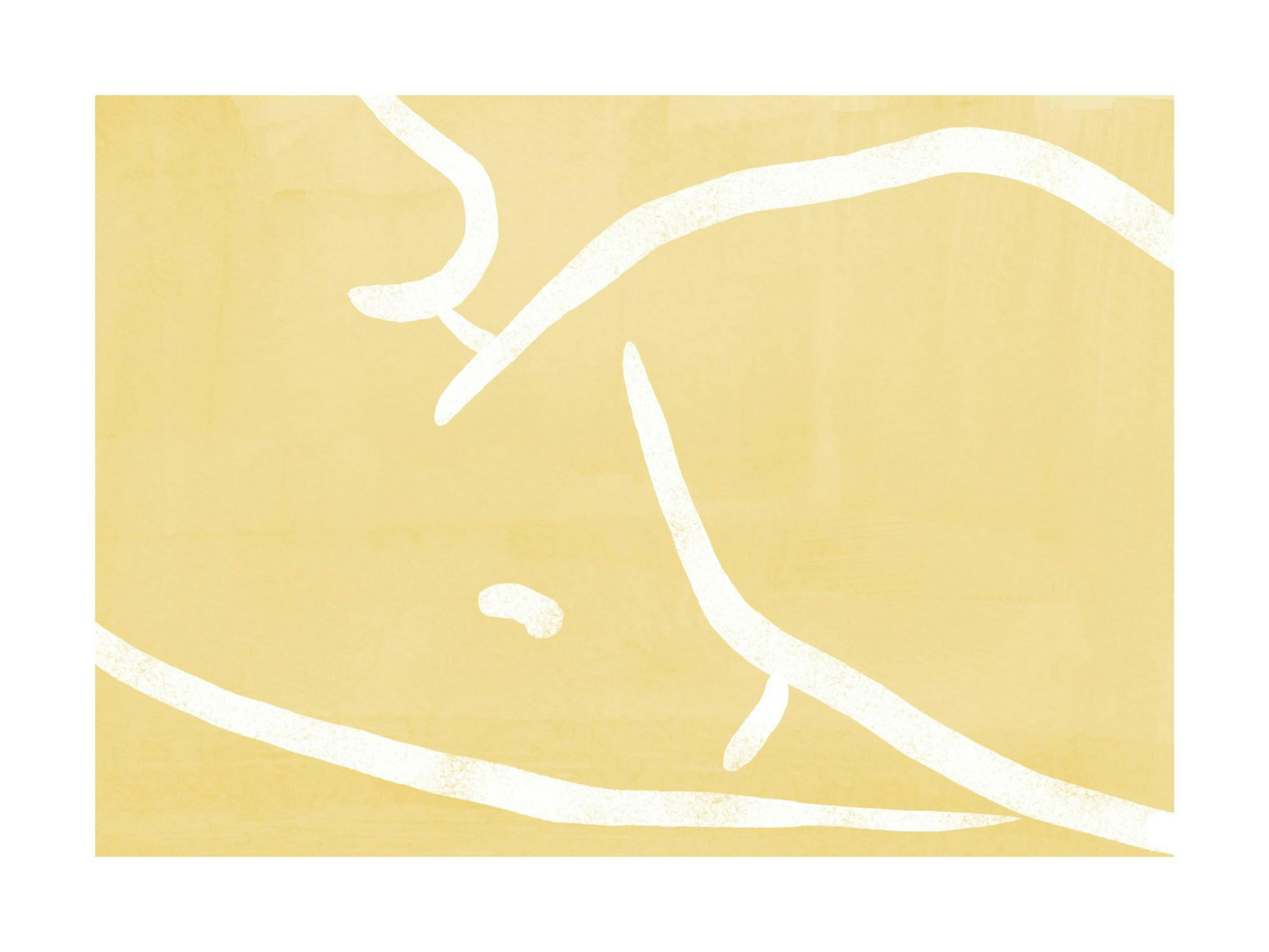 Yellow graphic body pose print on a poster, white lines on a yellow background