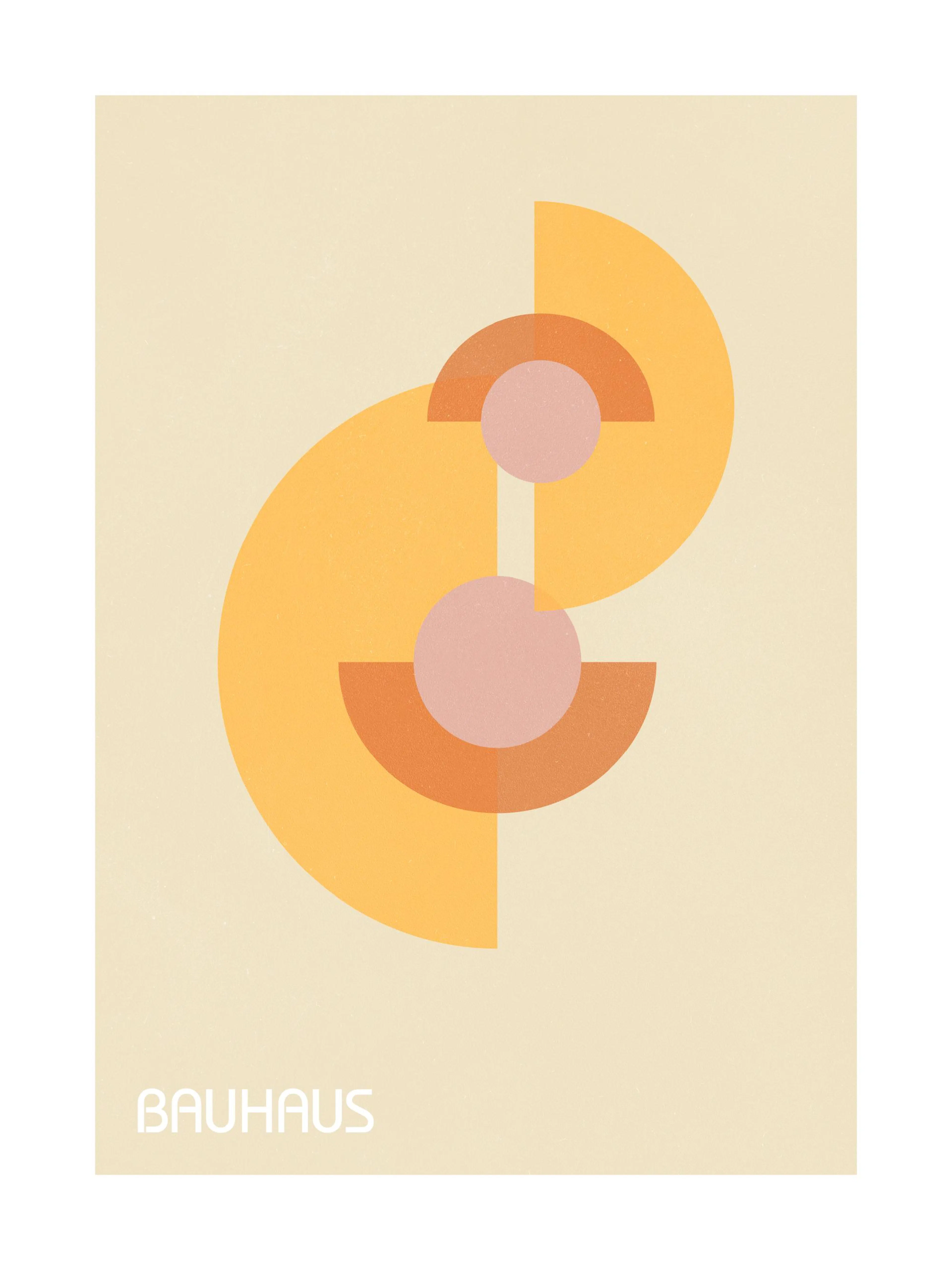 Grafische Bauhaus poster met roze en oranje geometrische cirkels en bogen op een beige achtergrond