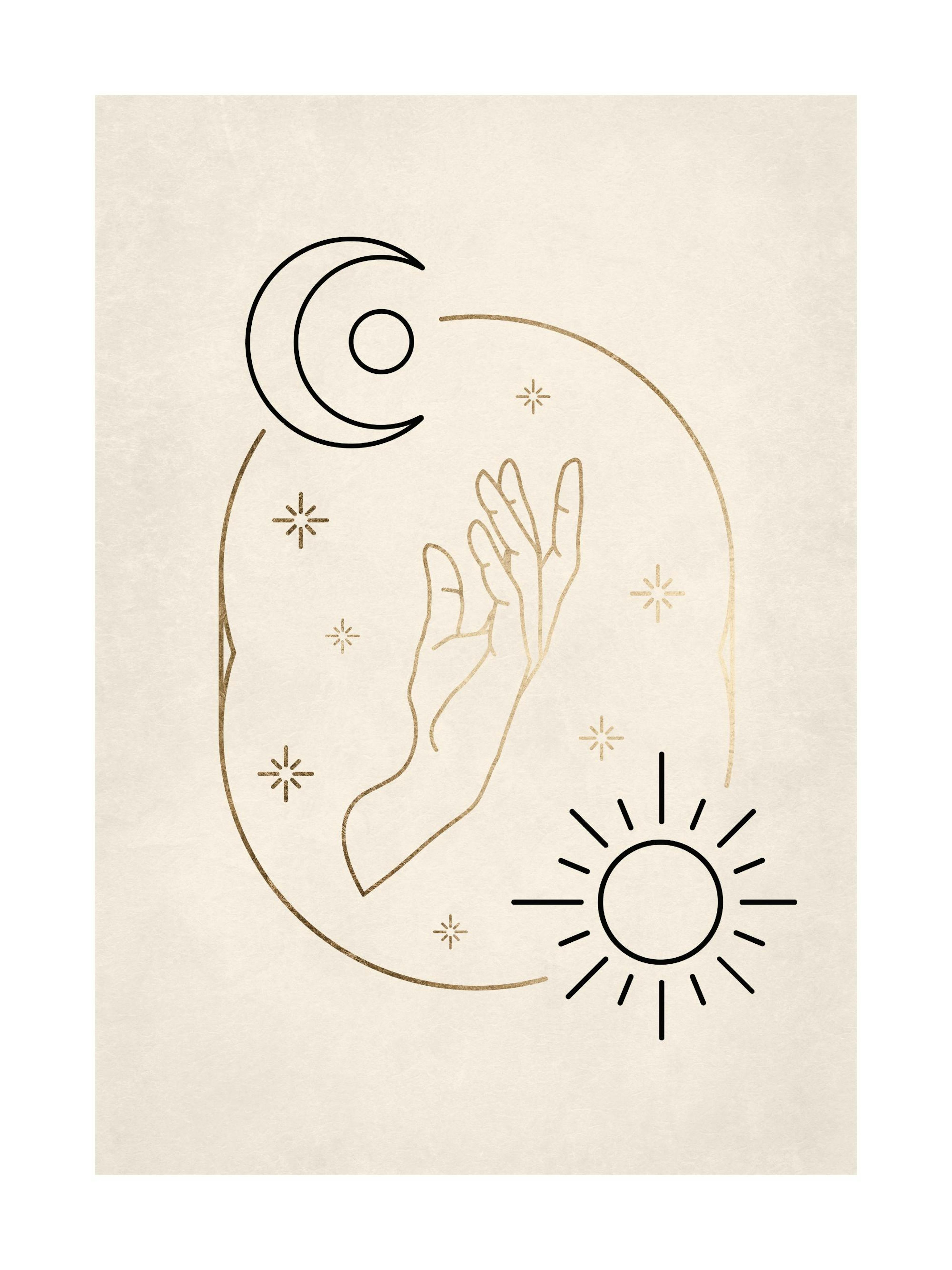 Póster beige con luna negra, sol y mano espiritual, rodeados de estrellas doradas. Arte místico.