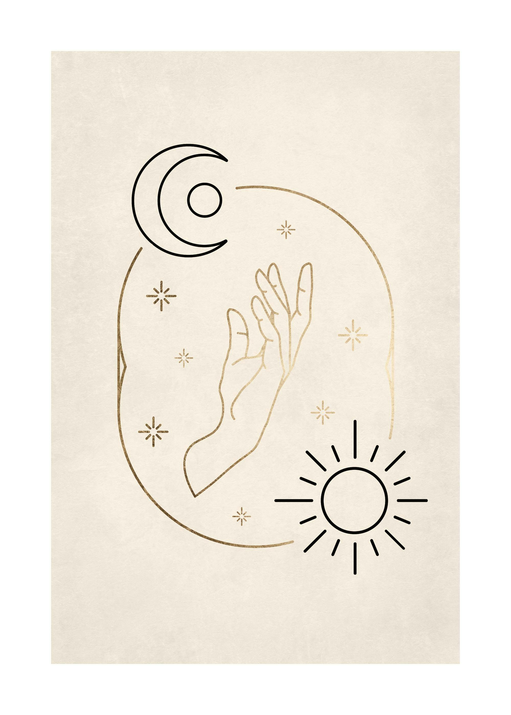 Spiritual poster with a golden hand, black moon, and black sun on a beige background, surrounded by stars.