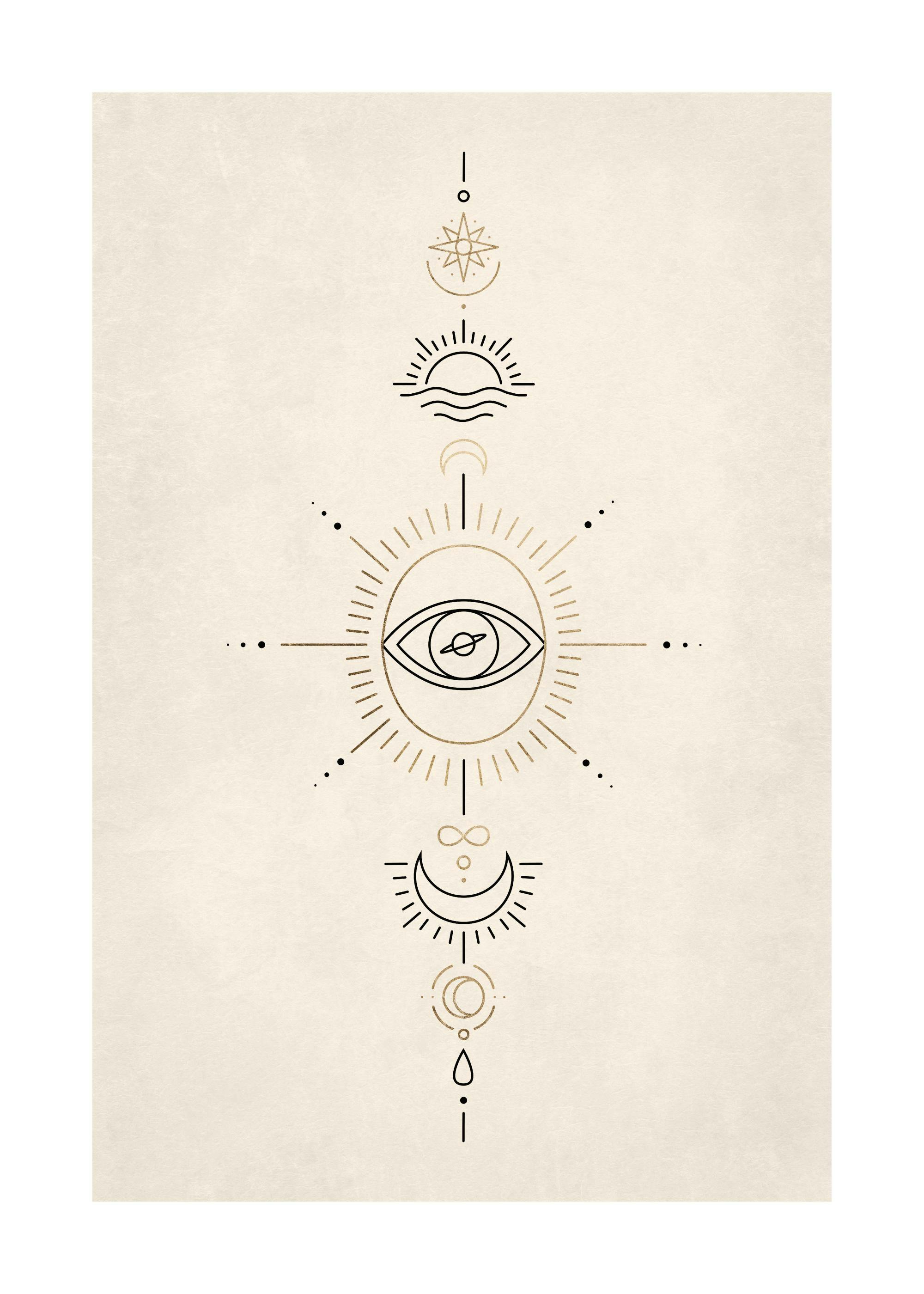 Poster beige con simboli spirituali stilizzati oro e neri: occhio centrale, sole, luna, stella, goccia.