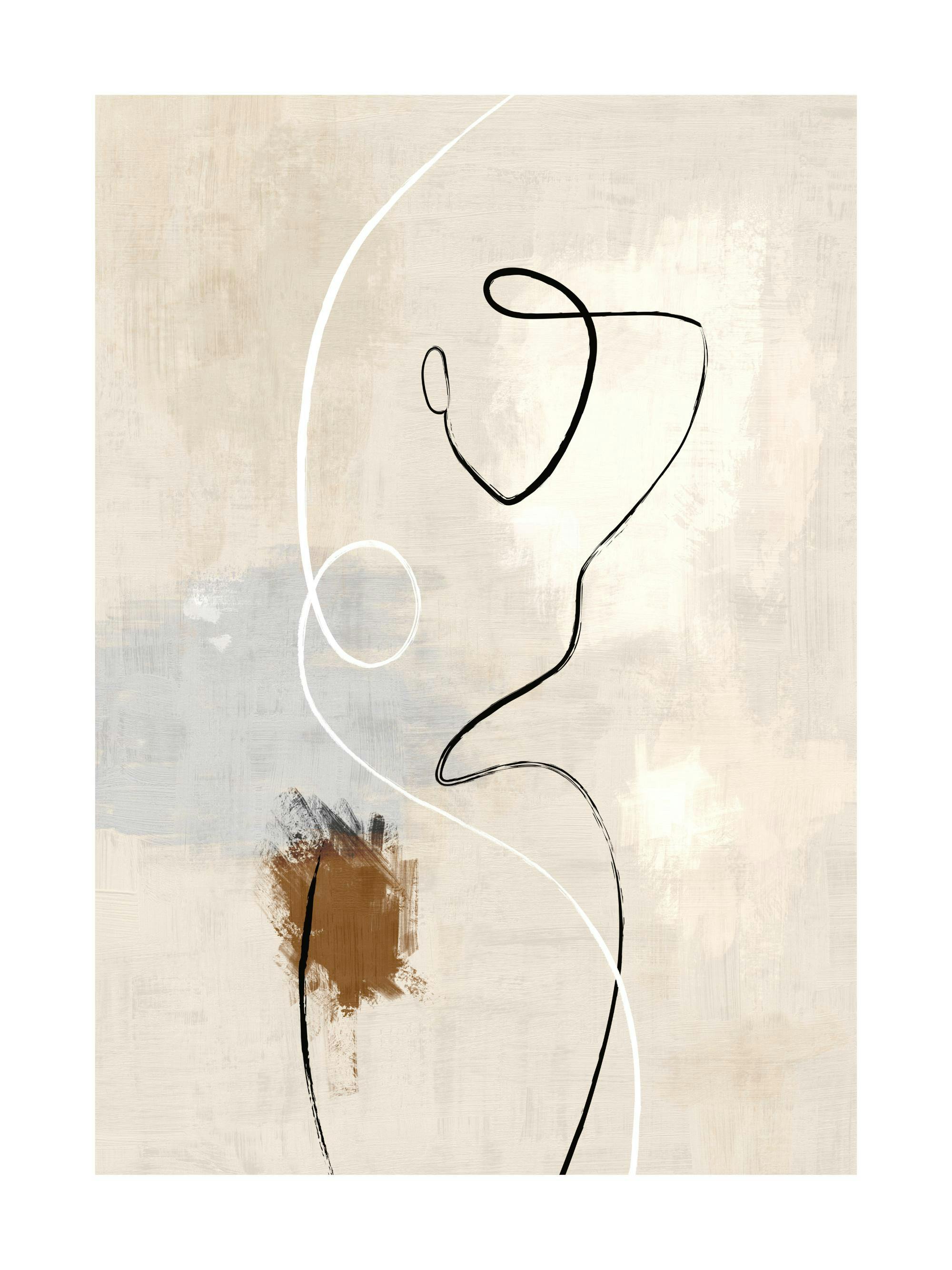 Poster line art corpo nero, sfondo beige macchiettato, dettagli blu e marroni, linee bianche. Arte minimalista.
