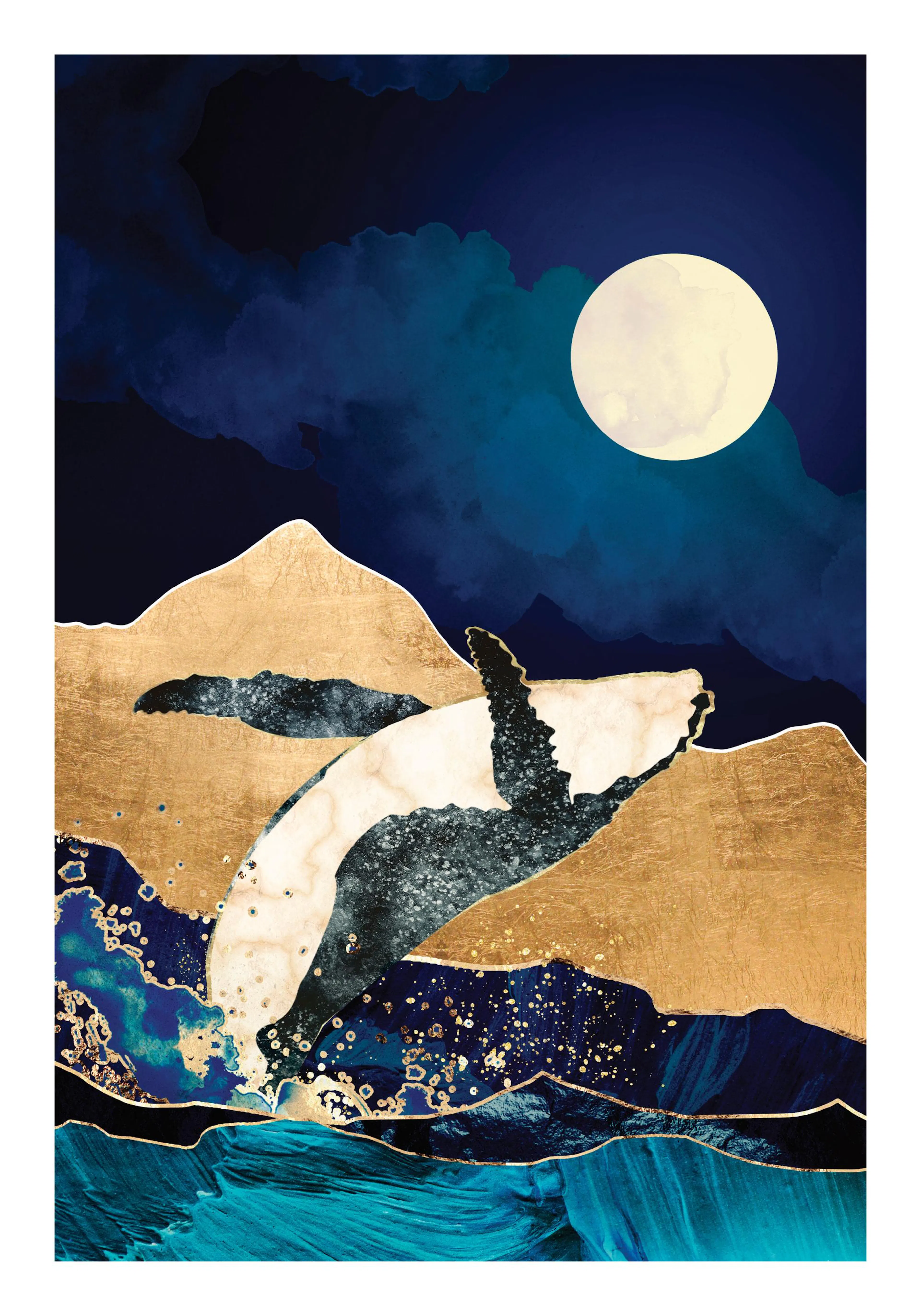 夜空と金色の山々を背景に、月明かりの下でクジラが海に飛び跳ねるグラフィックイラストのポスター