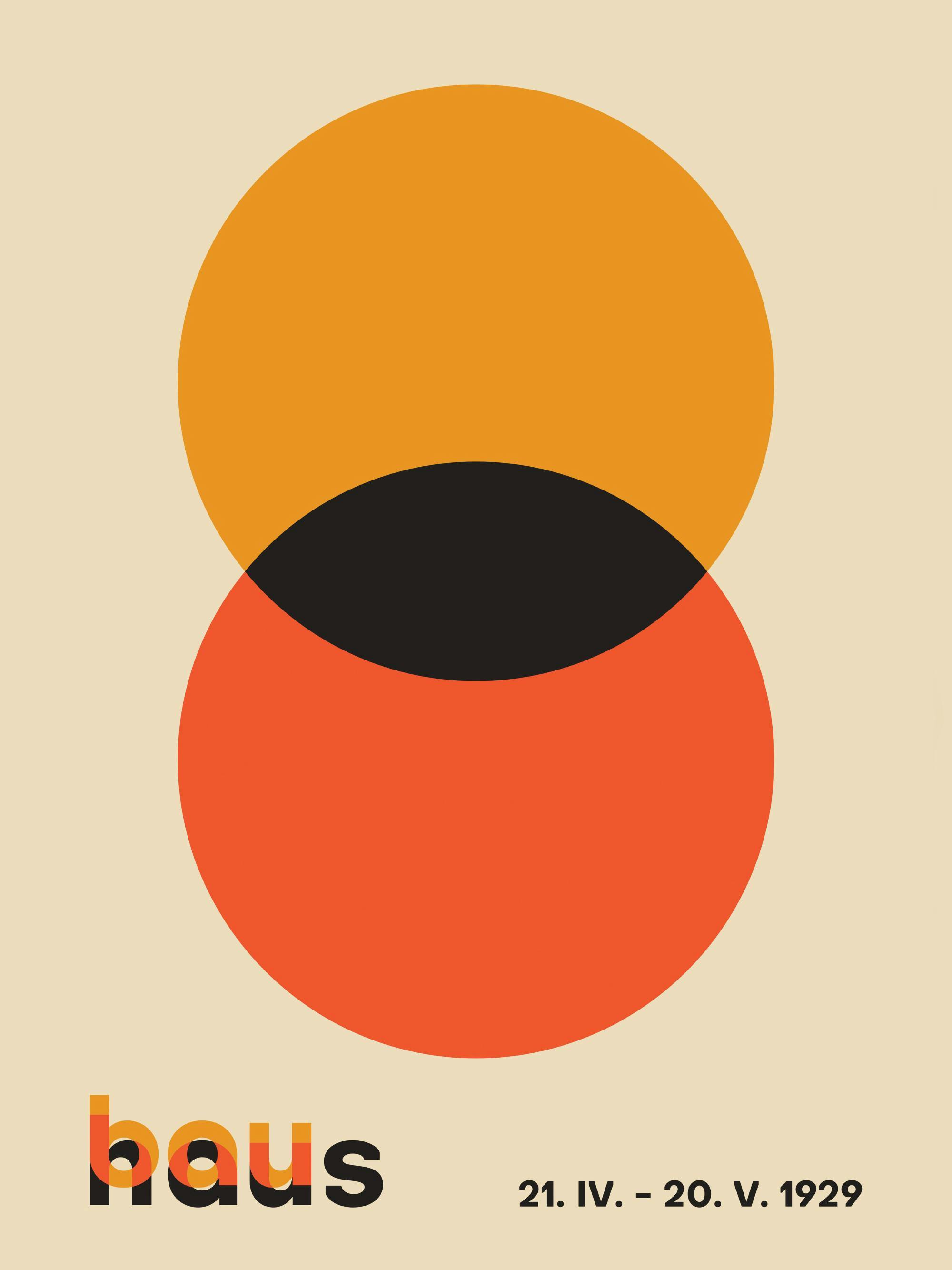 Bauhaus-poster med orange och röd överlappande cirkel, svart mitt, texten Bauhaus och datum mot beige bakgrund.