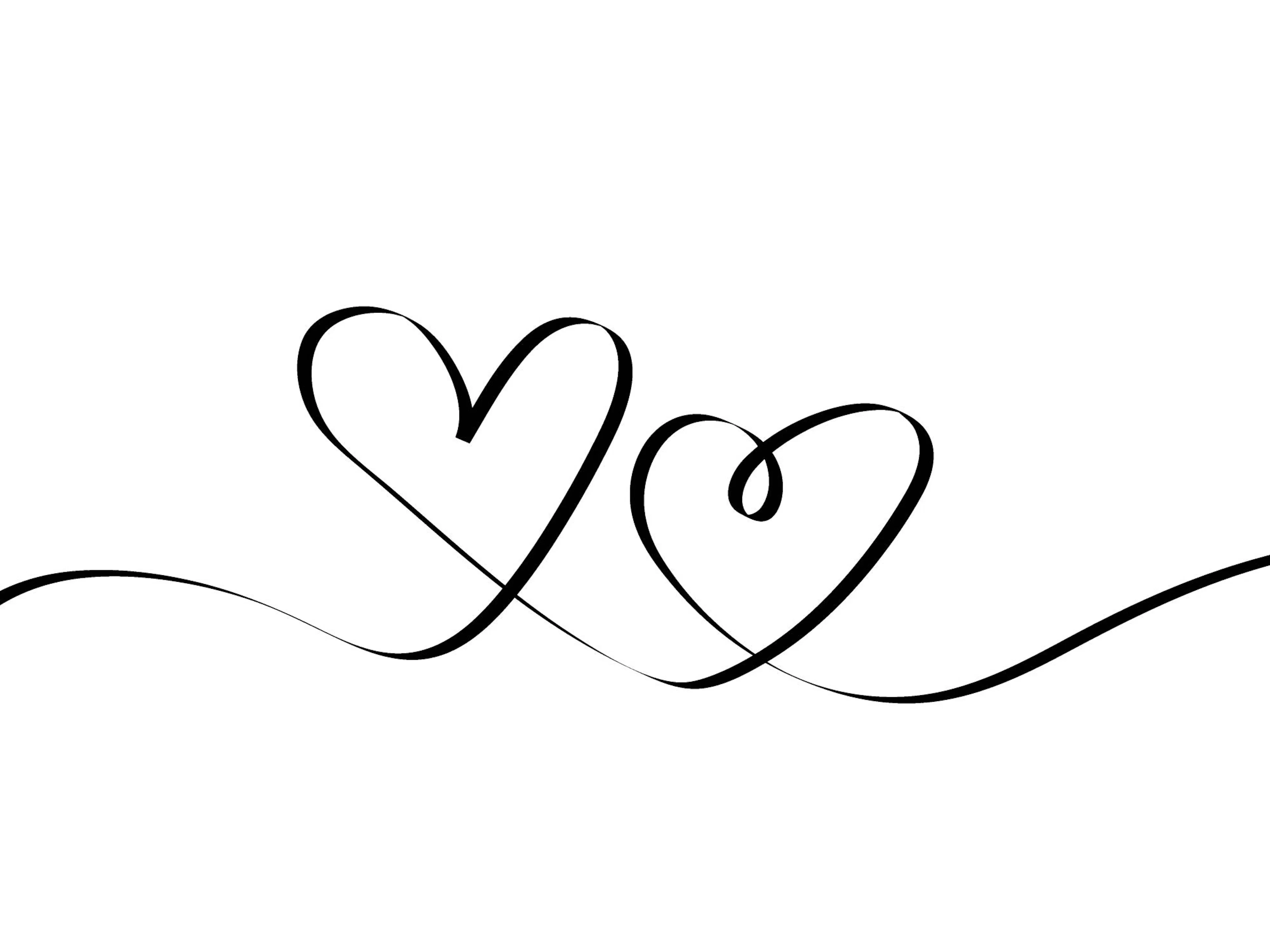 Two black line art hearts intertwined on a white background, forming a minimalist heart illustration poster.