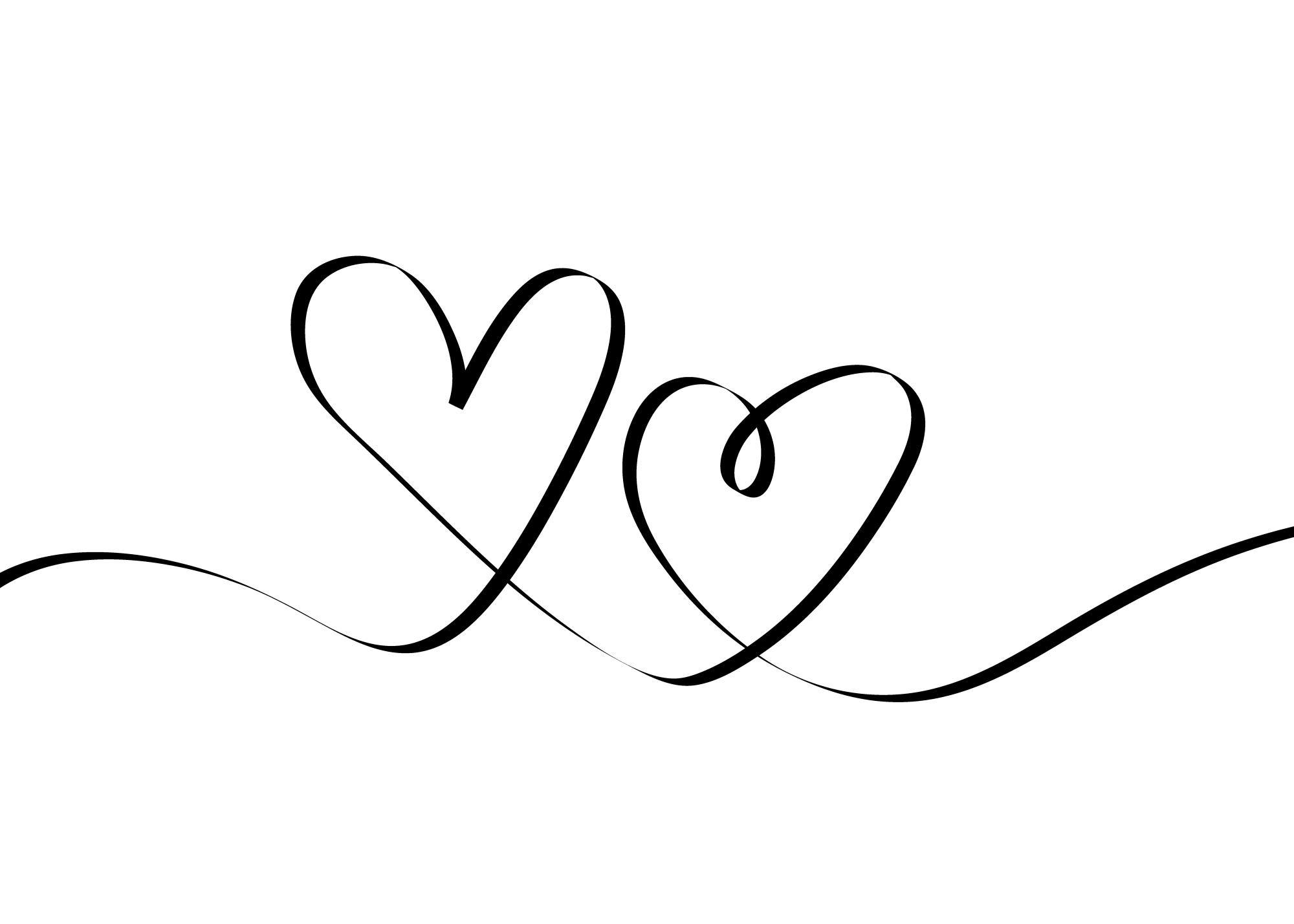 Illustrazione line art nera di due cuori intrecciati su sfondo bianco, simbolo damore.