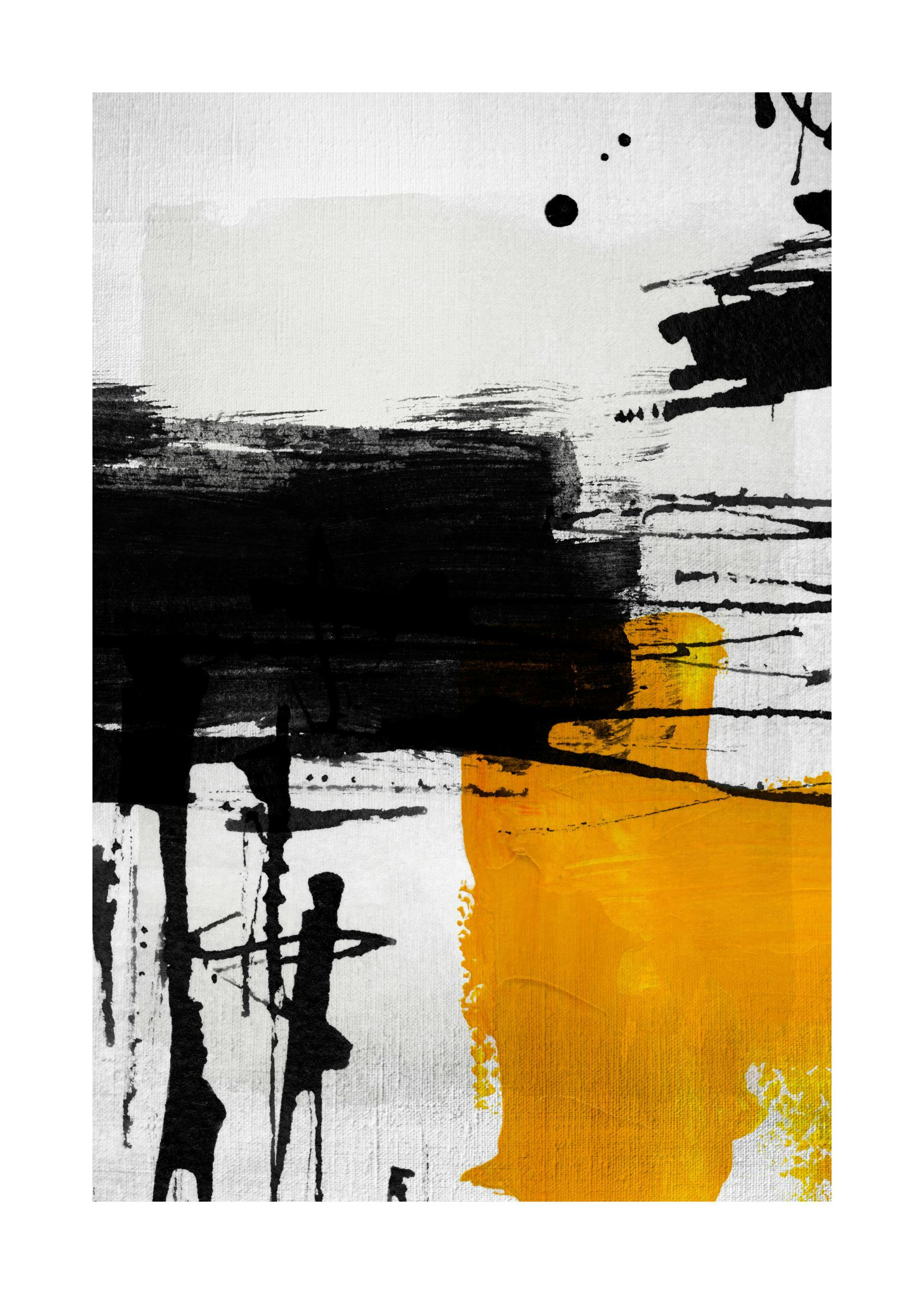 Poster astratto con forme gialle e nere su sfondo grigio chiaro, texture di tela visibile, pittura a olio