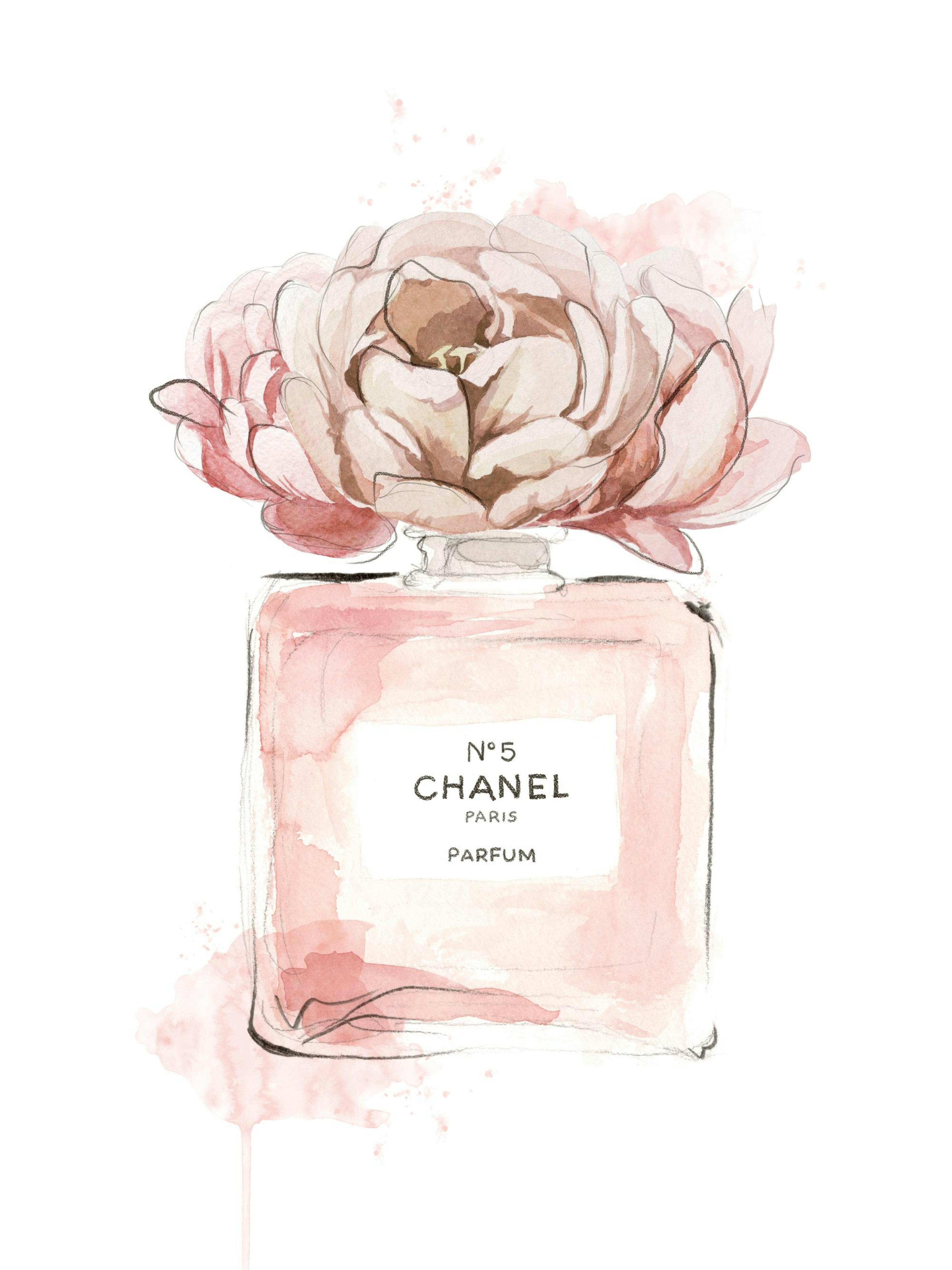 Affiche dune bouteille de parfum Chanel rose avec une fleur sur le dessus, style aquarelle