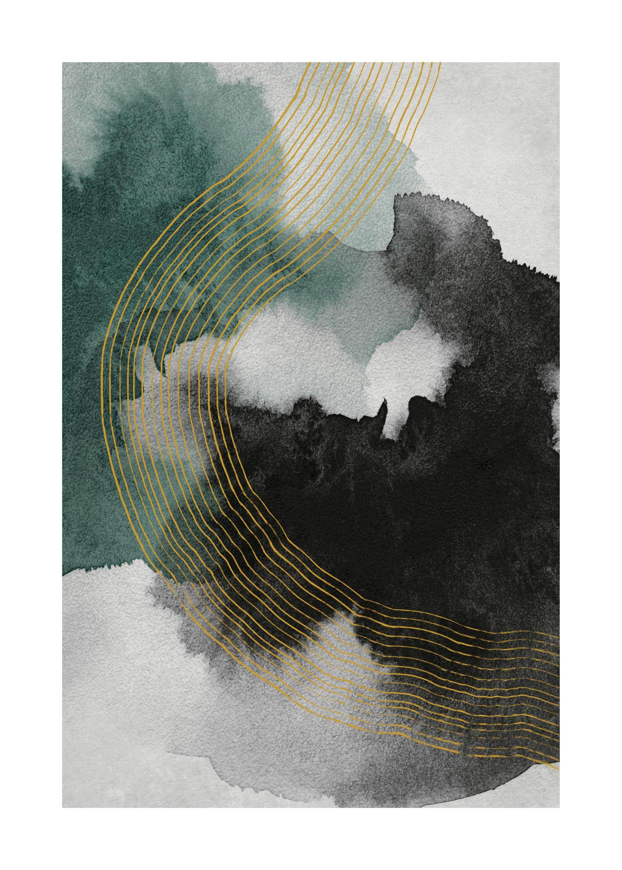 Abstract watercolor print with black, green, and gray shapes, accented by gold stripes, perfect as a poster.