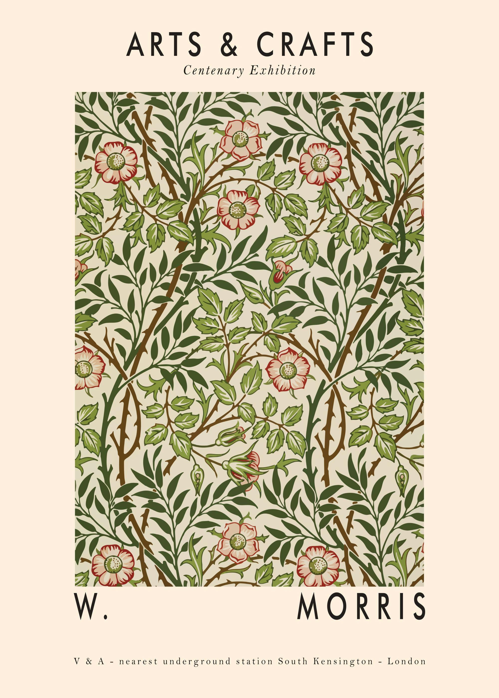 Arts & Crafts poster featuring a William Morris-inspired pattern of green leaves and red flowers on a beige background.