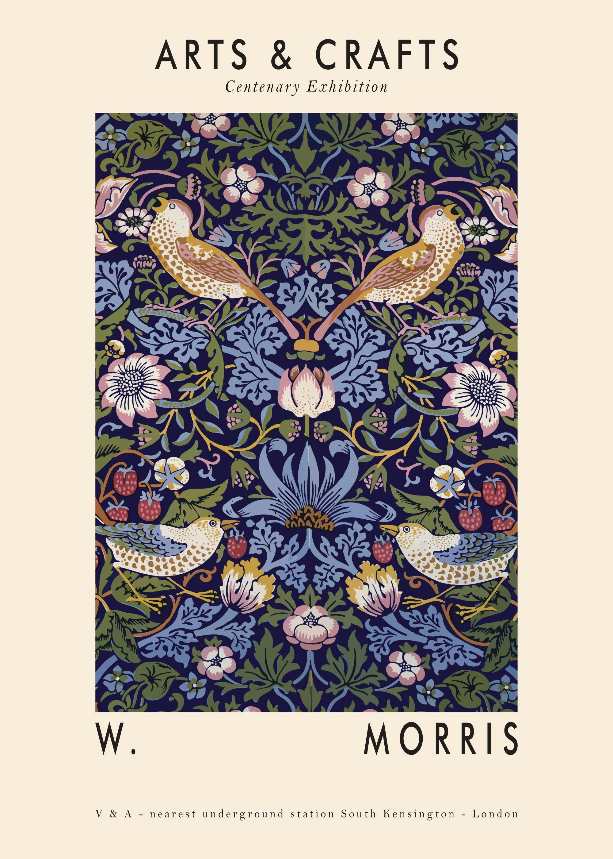 William Morris inspired Arts & Crafts floral print with blue and green flowers, birds, and berries against a beige background.