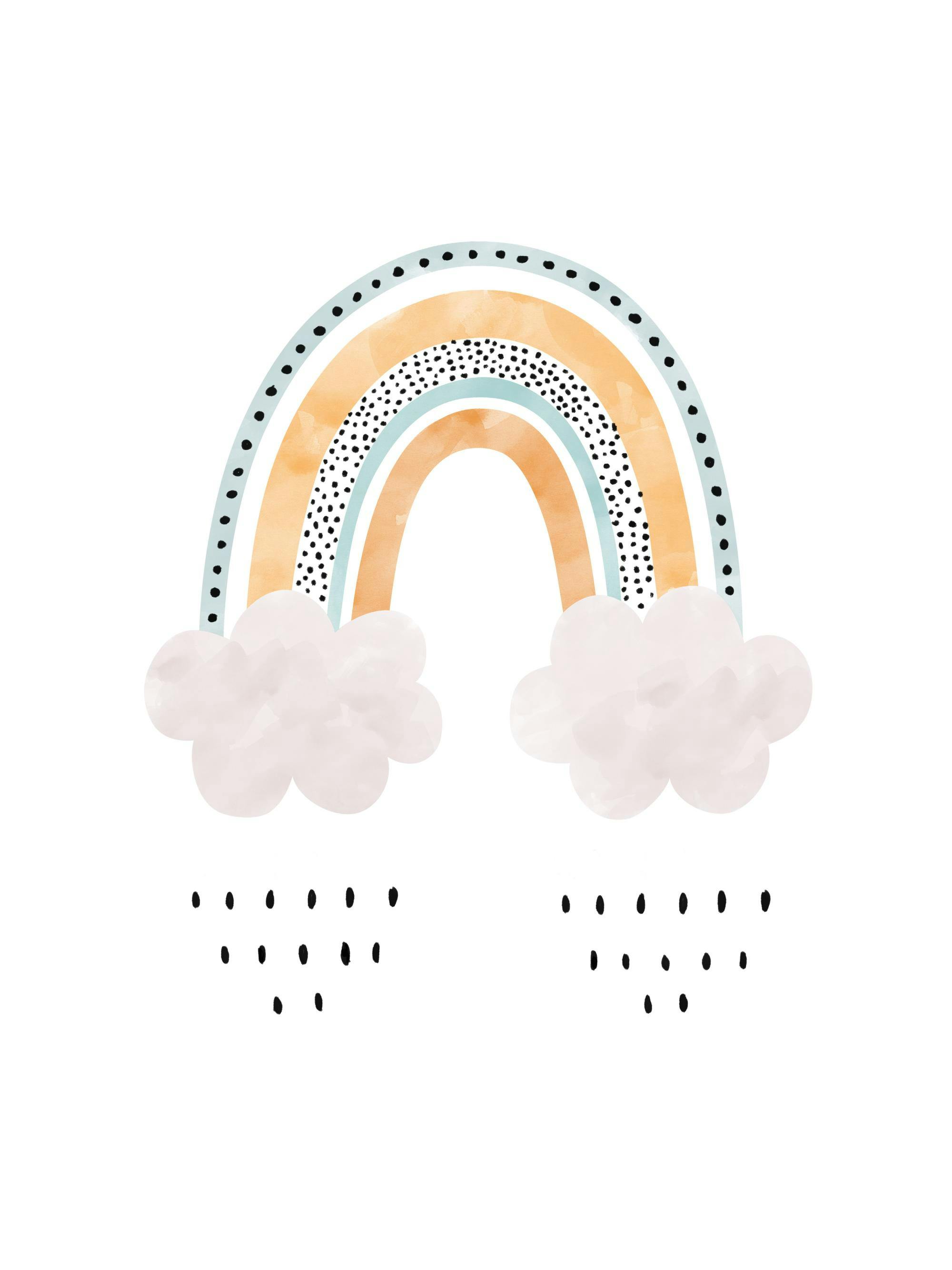 Regnbågsillustration i blått och orange med svarta prickar och rosa moln, perfekt för barnrummet