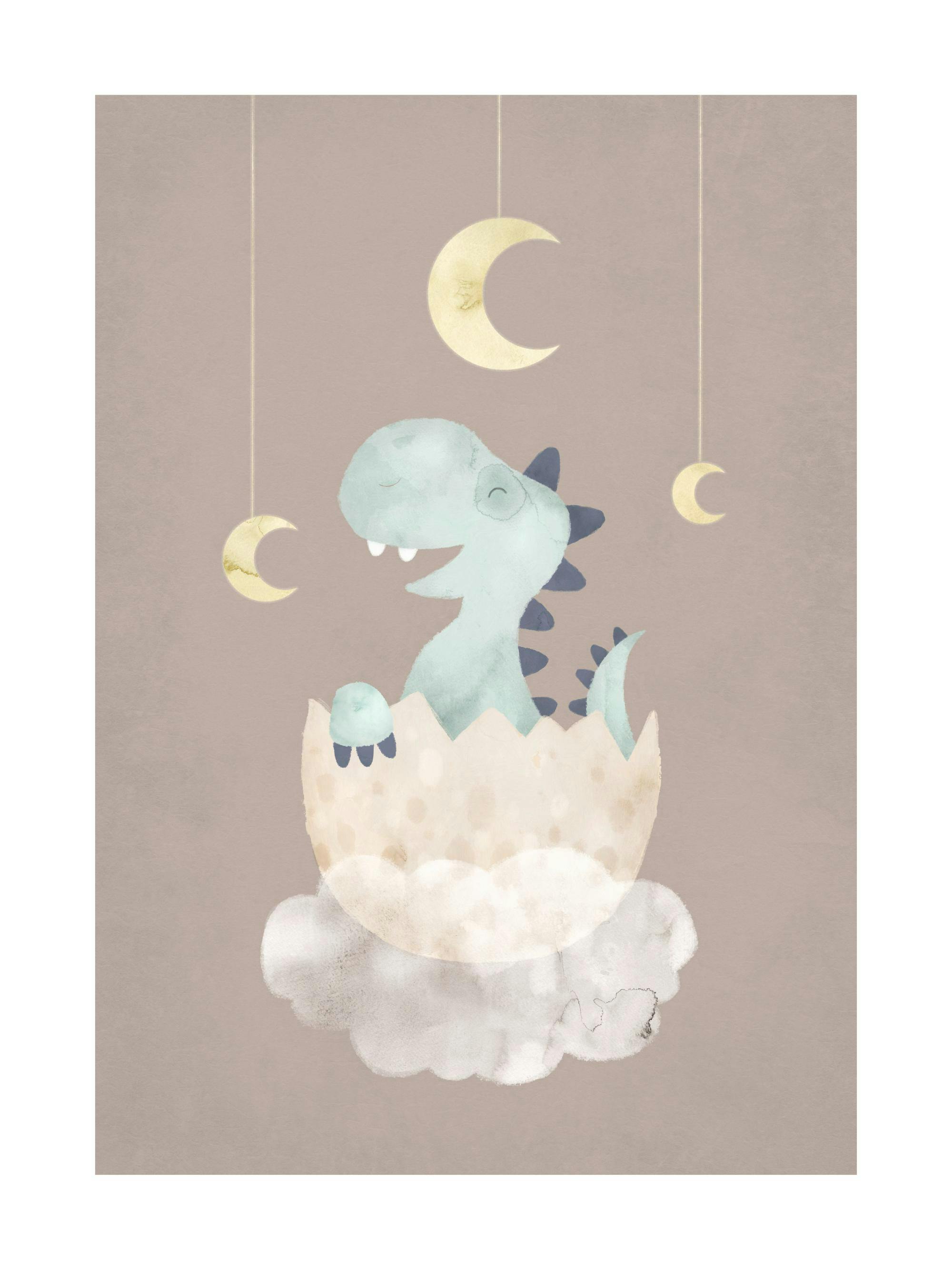 Affiche dun bébé dinosaure bleu dans un œuf sur un nuage, avec des lunes, sur fond marron.