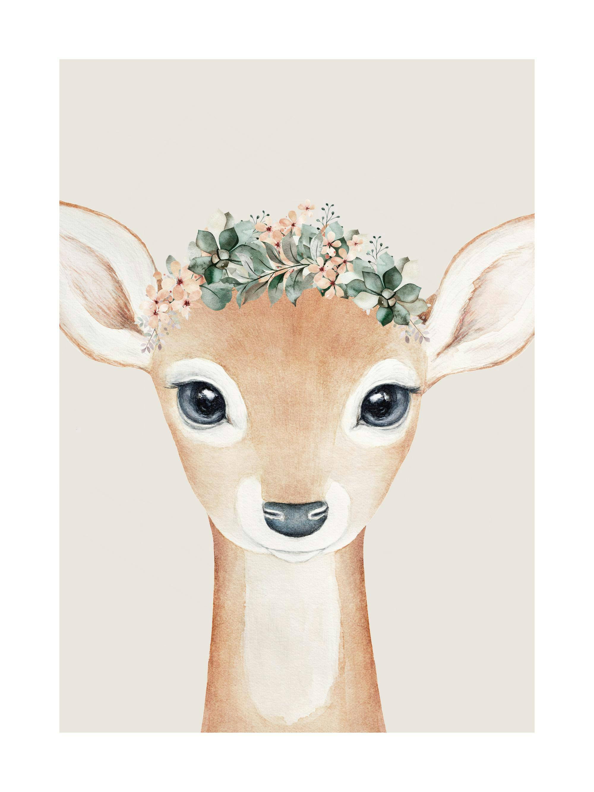 Illustration av ett beige rådjurskid med blå ögon och en blomsterkrona, mot en beige bakgrund, i akvarellstil.