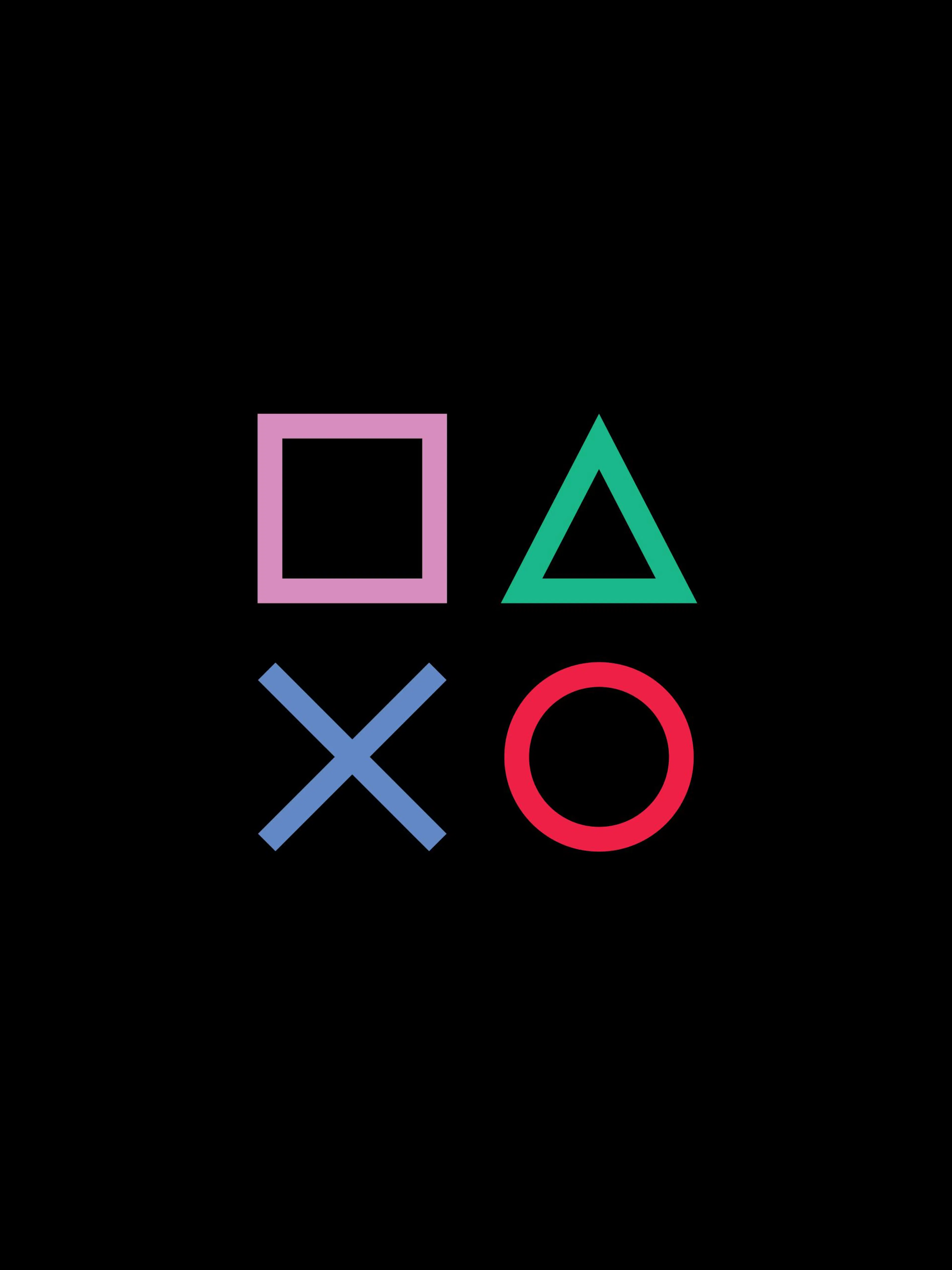 Affiche avec des symboles de console de jeu: carré rose, triangle vert, croix bleue et cercle rouge sur fond noir.