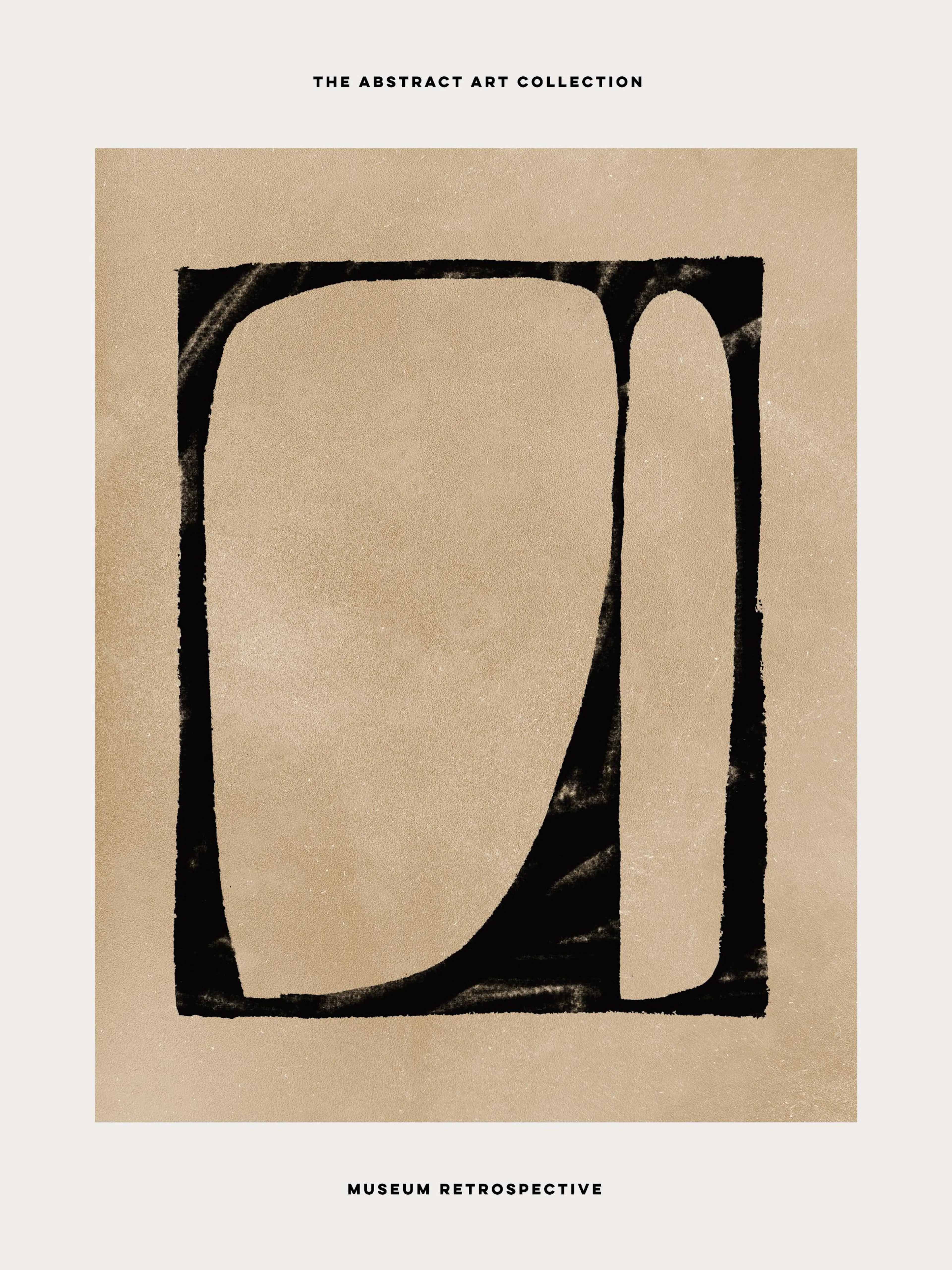 Zwart-beige poster met abstracte zwarte vorm op beige achtergrond en tekst The abstract art collection Museum retrospective