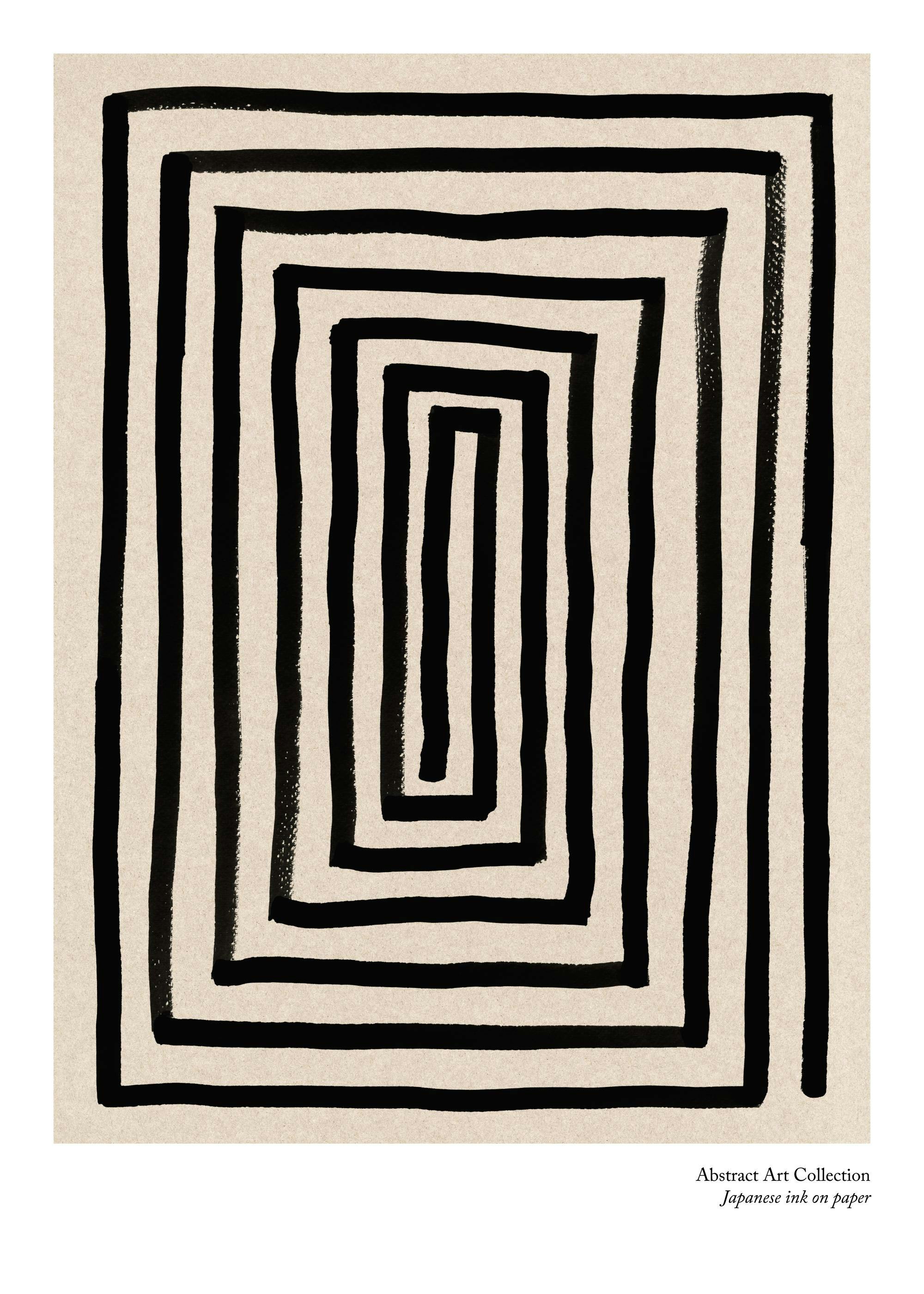 Affiche labyrinthe encre noire sur fond beige, typographie Abstract Art Collection Japanese ink on paper