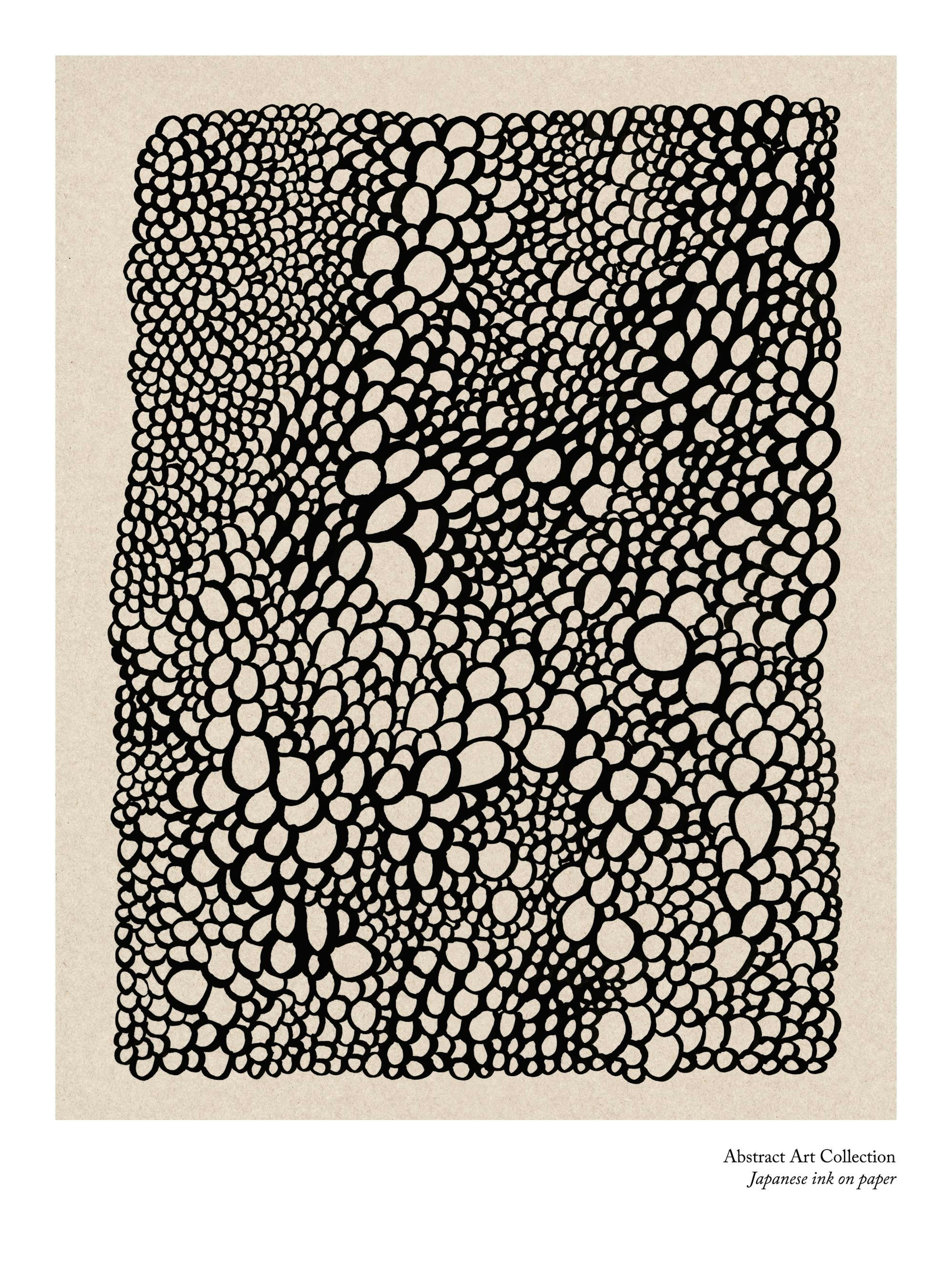 Svartvita bubblor eller stenar som täcker en beige bakgrund, med texten Abstract Art Collection Japanese ink on paper nedtill.