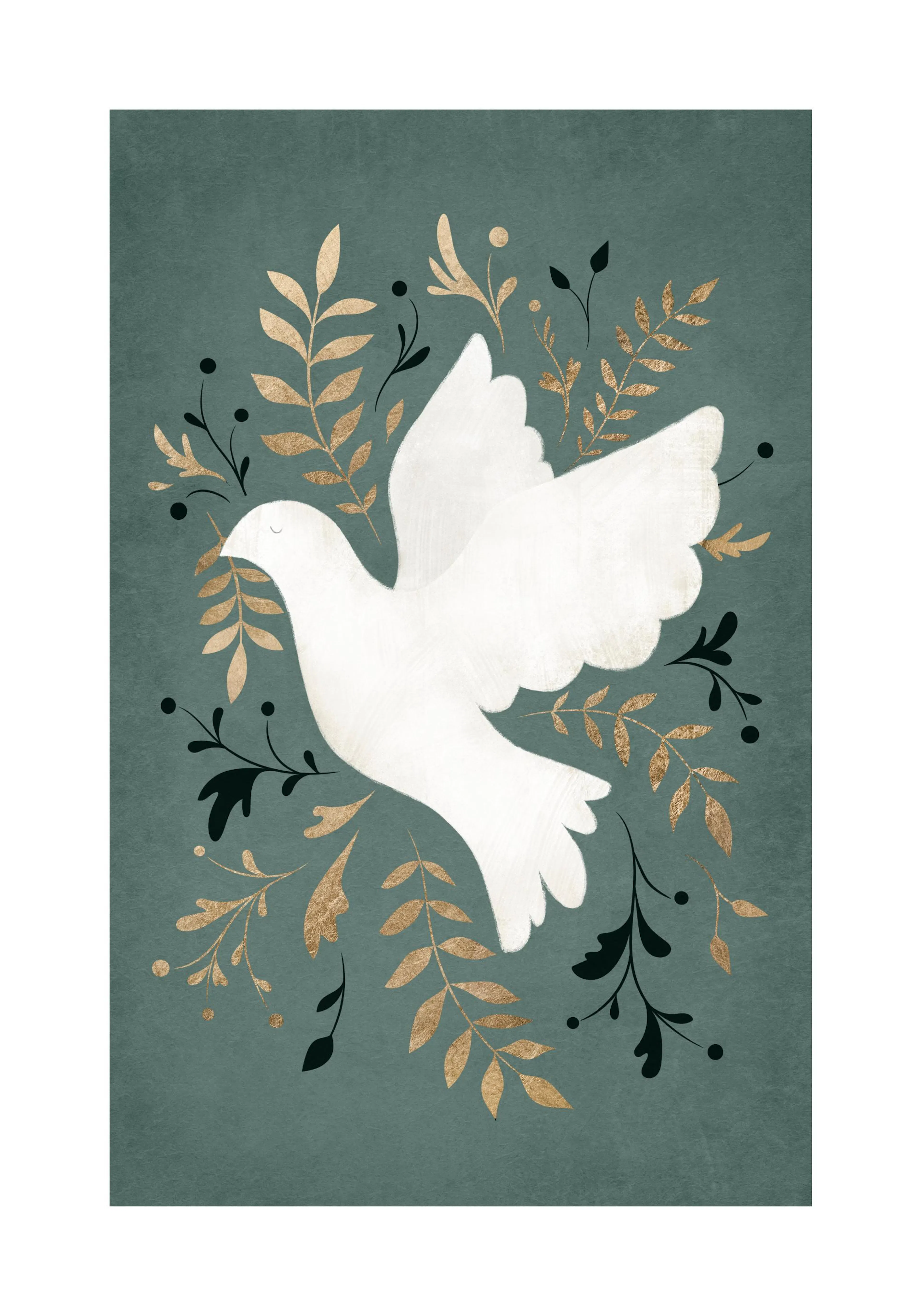 Póster de paloma de la paz blanca con hojas doradas y negras sobre un fondo verde texturizado.