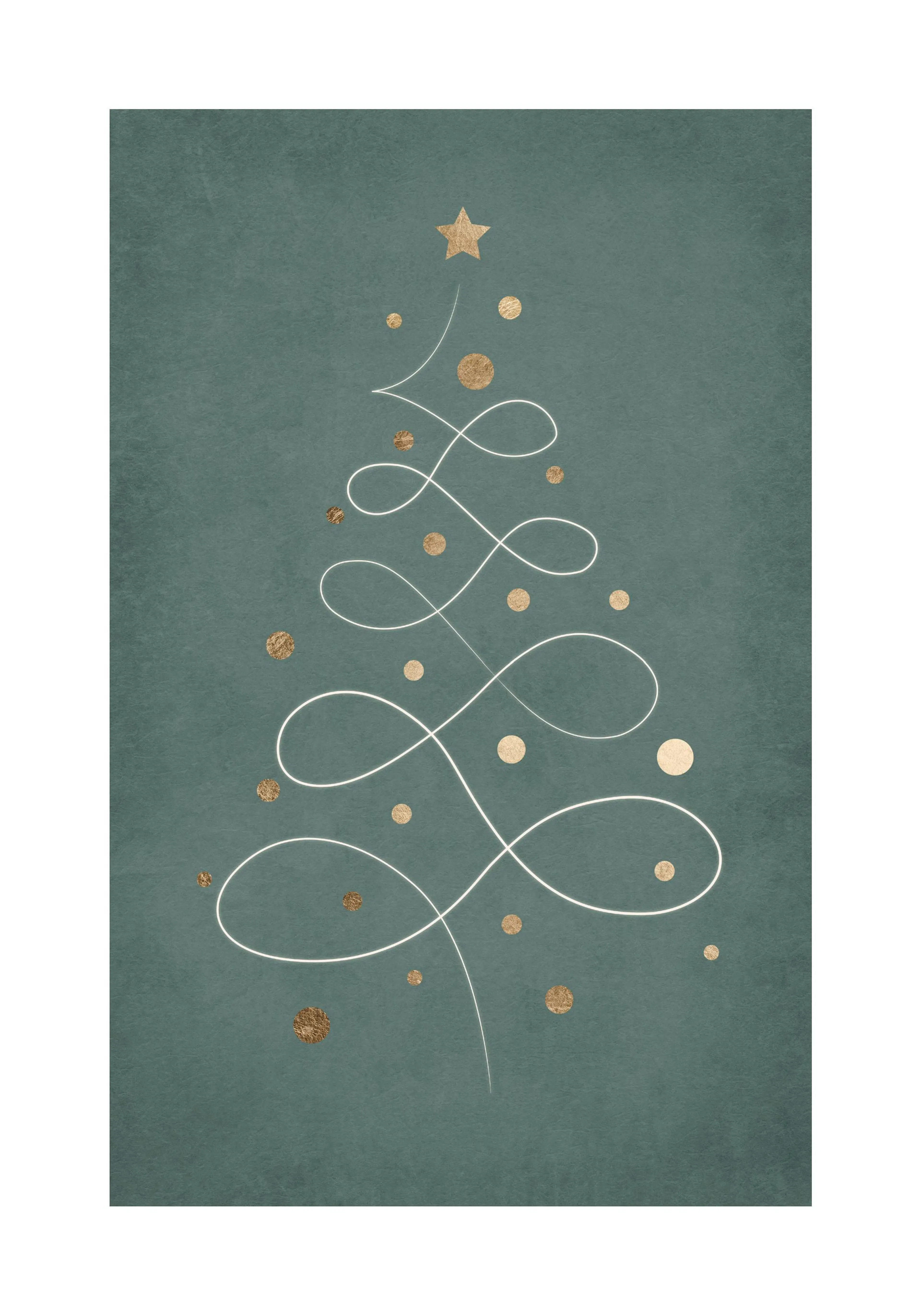 Abstract Christmas tree line art with gold ornaments on a textured green background, holiday decor.