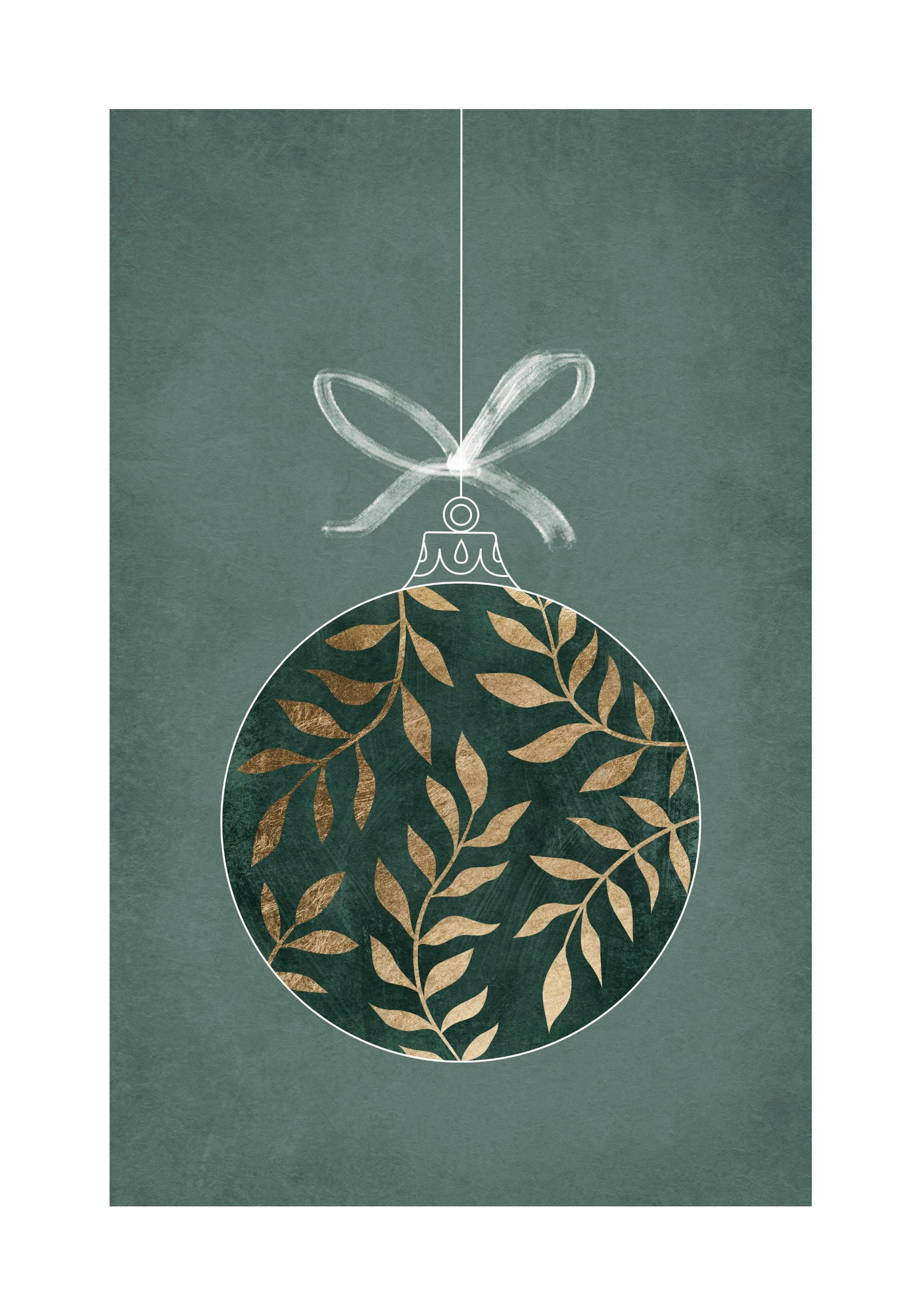 Golden Christmas ornament print with green and gold leaves on a textured green background, white string, and bow poster